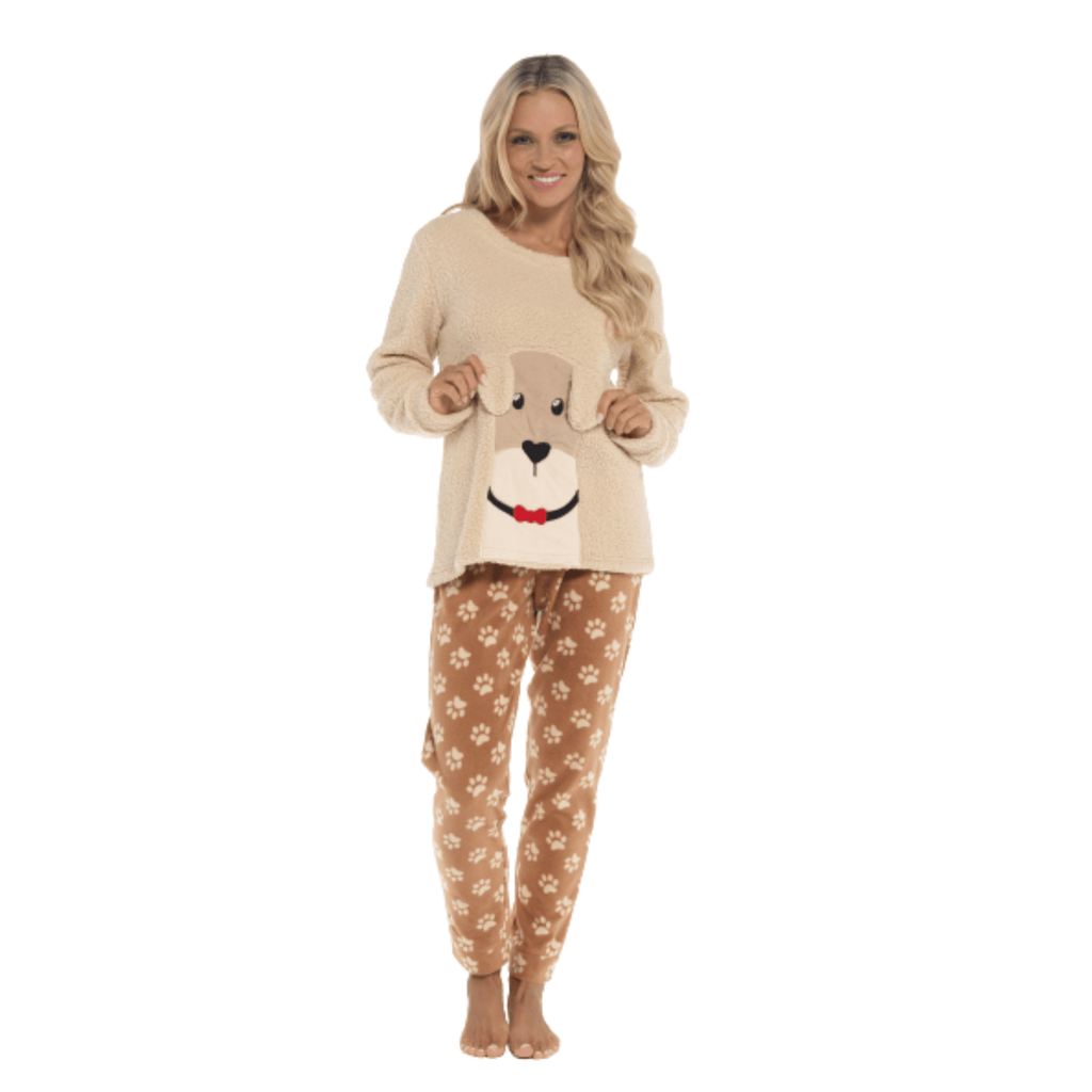 Women's Luxurious Fleece Pyjama Set Dog Snuggle Design Cosy Loungewear Sleepwear with Long Sleeve Top and Patterned Bottoms Comfortable PJs for Ladies Multiple Sizes Daisy Dreamer