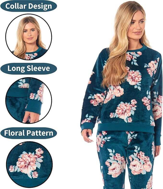 Women's Luxurious Floral Fleece Pyjama Set with Long Sleeve Top and Elastic Waist Pajamas Elegant Sleepwear for Warmth