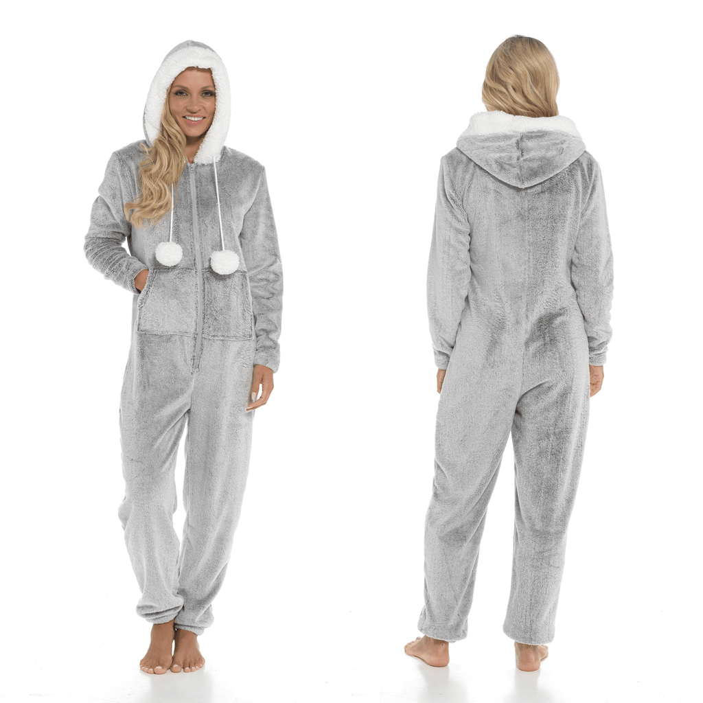 Women's Luxurious Shimmer Fleece Hooded Onesie with Zip Pockets and Pompoms Ultimate Comfort Sleepwear
