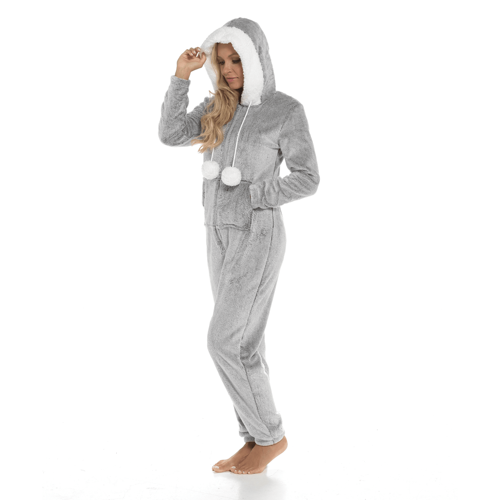 Women's Luxurious Shimmer Fleece Hooded Onesie with Zip Pockets and Pompoms Ultimate Comfort Sleepwear