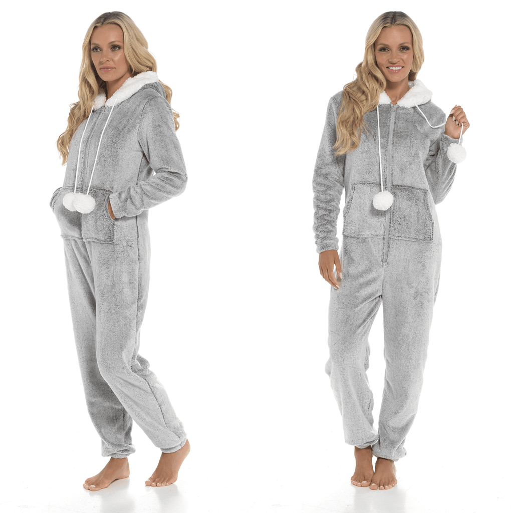 Women's Luxurious Shimmer Fleece Hooded Onesie with Zip Pockets and Pompoms Ultimate Comfort Sleepwear