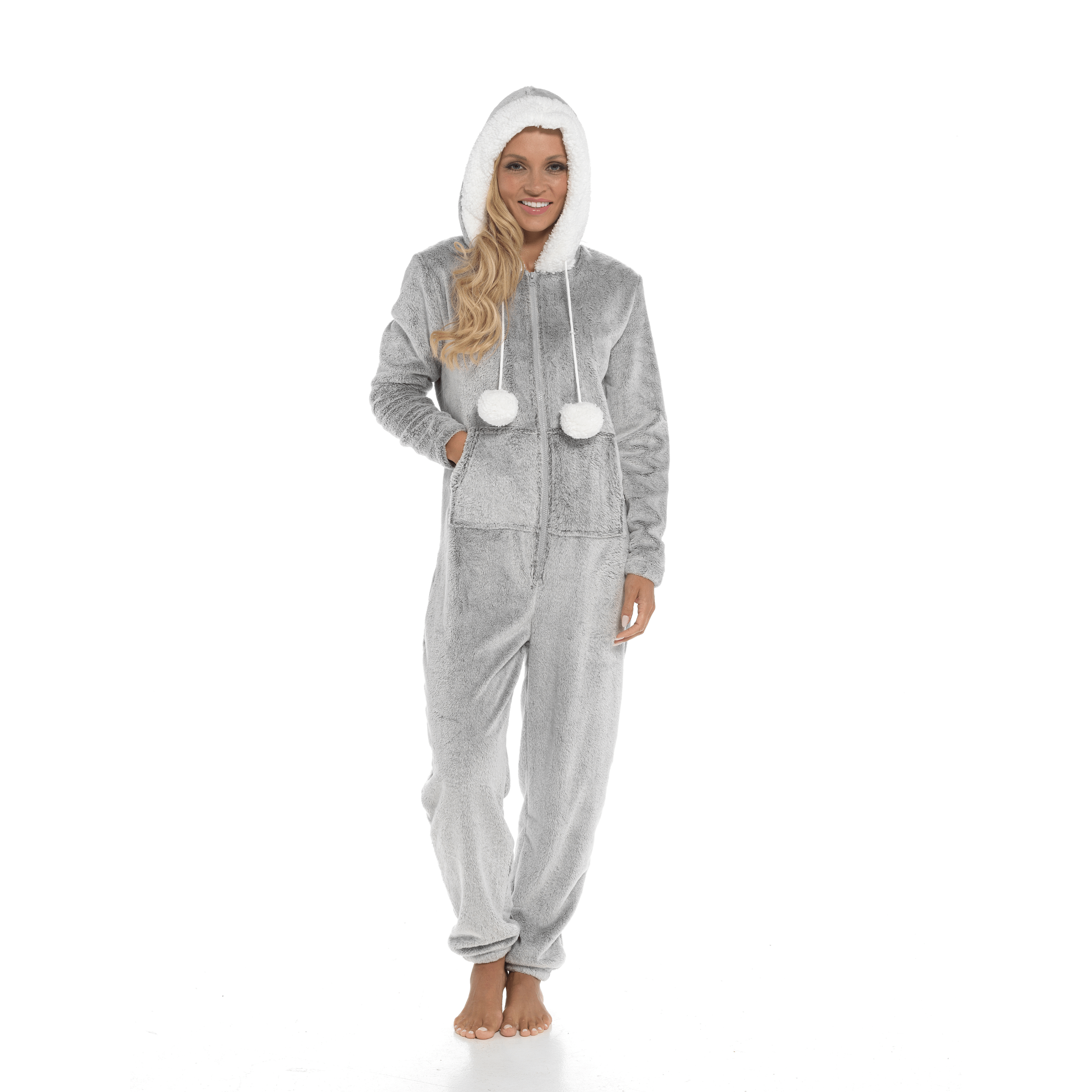 Women's Luxurious Shimmer Fleece Hooded Onesie with Zip Pockets and Pompoms Ultimate Comfort Sleepwear