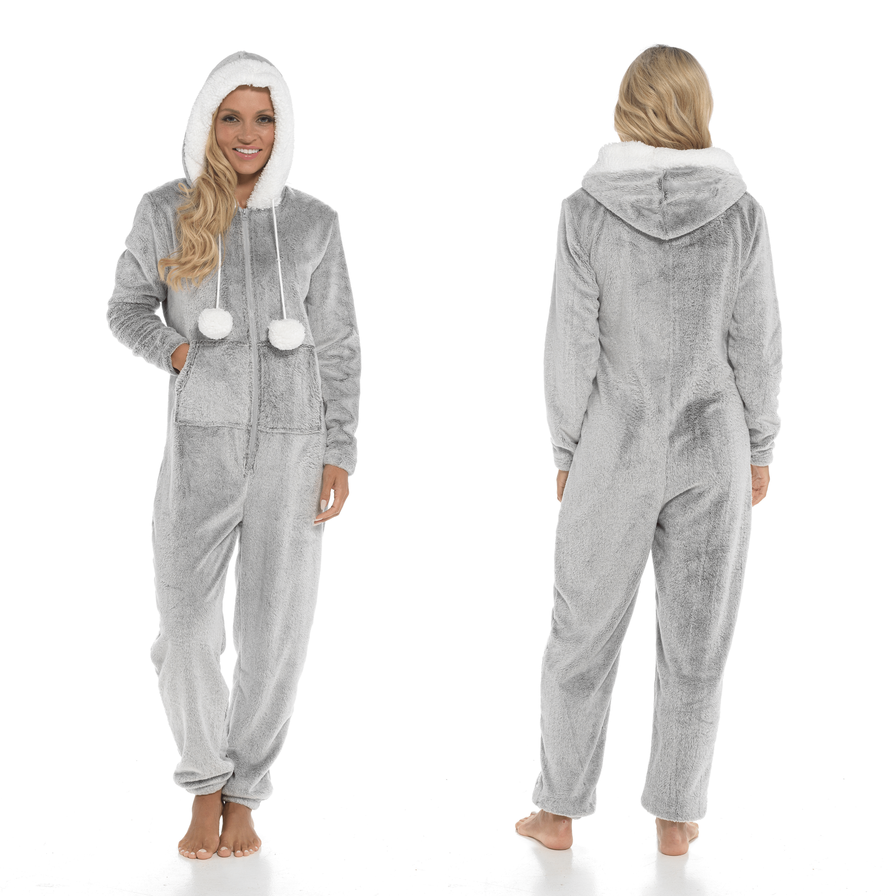 Women's Luxurious Shimmer Fleece Hooded Onesie with Zip Pockets and Pompoms Ultimate Comfort Sleepwear