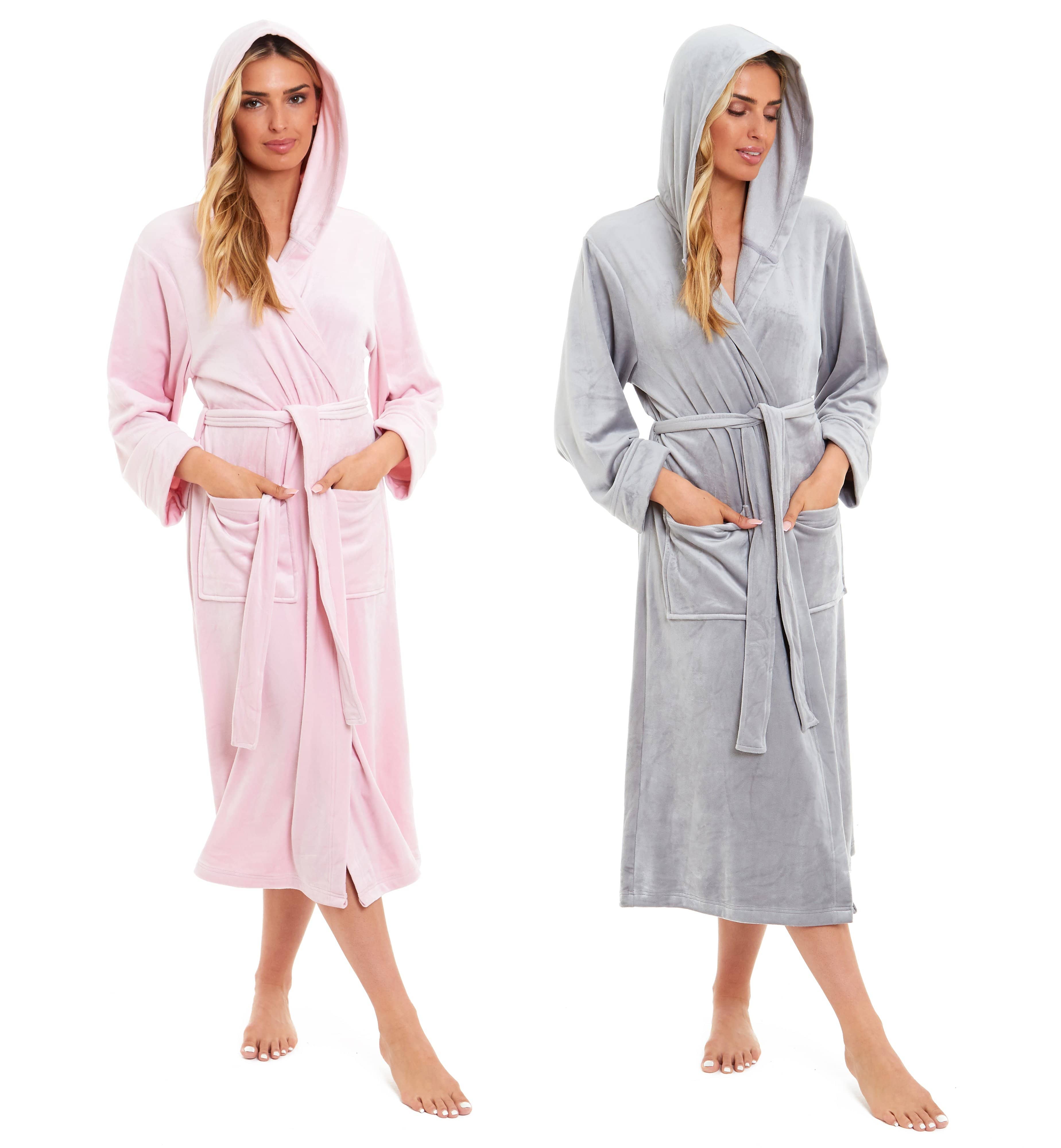 Women's Luxurious Velour Hooded Bathrobe Soft Touch Stretch Loungewear Elegant Comfort