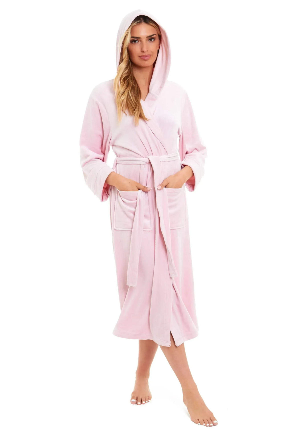 Pink hooded bathrobe with belt tie and front pockets, mid-calf length, long sleeves