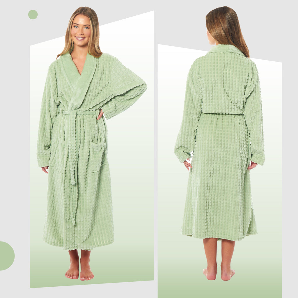 Women's Luxury Waffle  Fleece Robe Soft Warm Long Dressing Gown with Belt and Pockets Loungewear