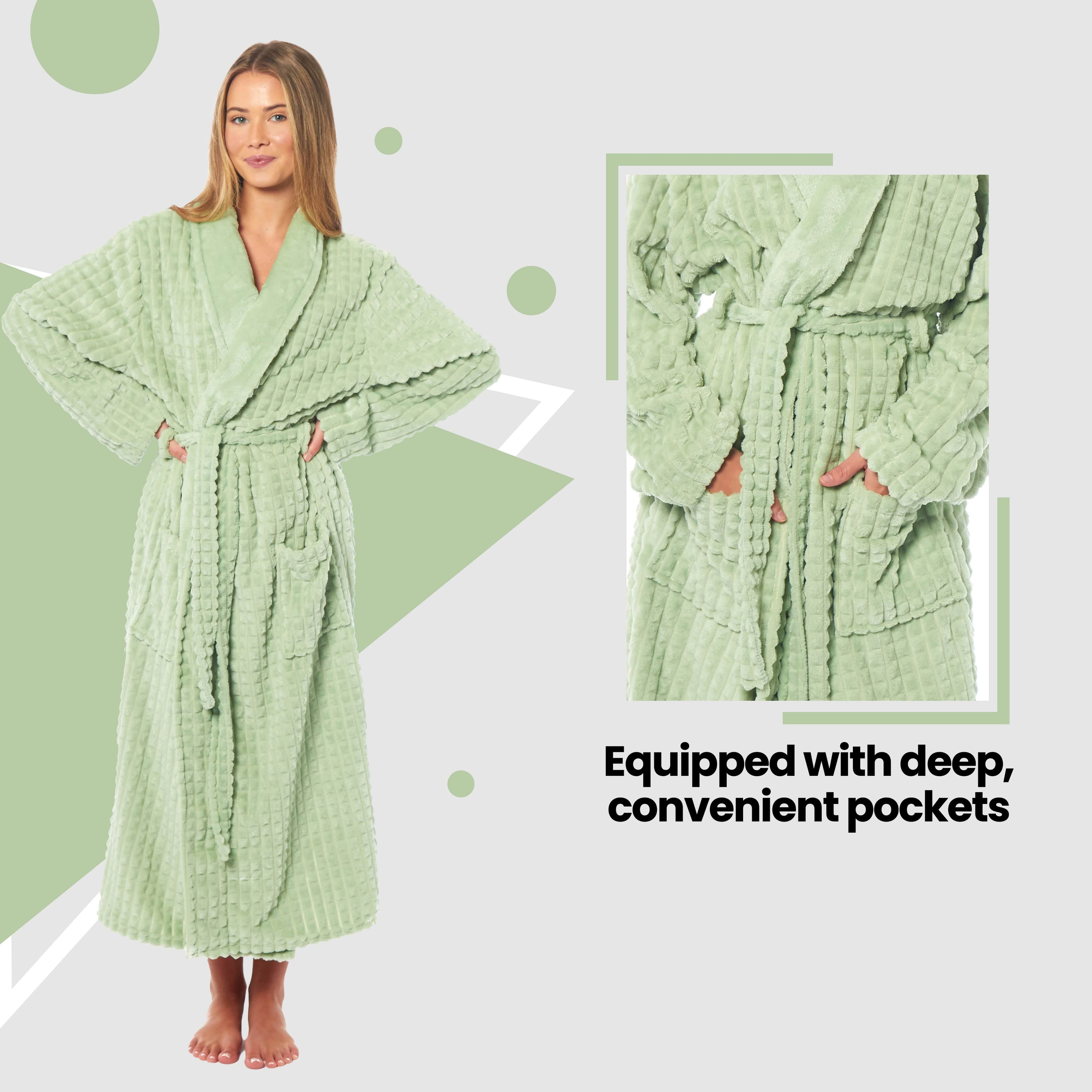 Women's Luxury Waffle  Fleece Robe Soft Warm Long Dressing Gown with Belt and Pockets Loungewear