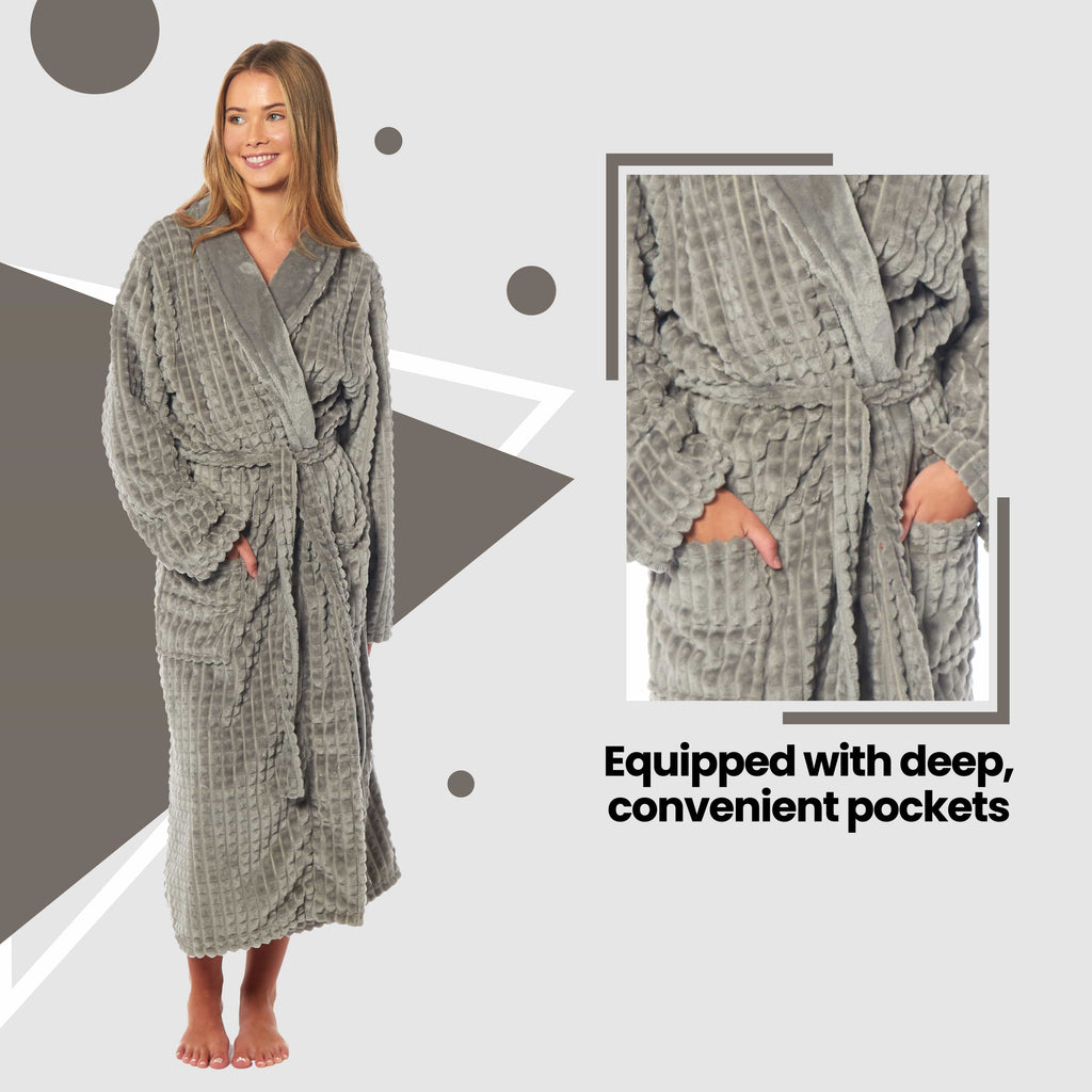Women's Luxury Waffle Fleece Robe Soft Warm Long Dressing Gown with Belt and Pockets Loungewear