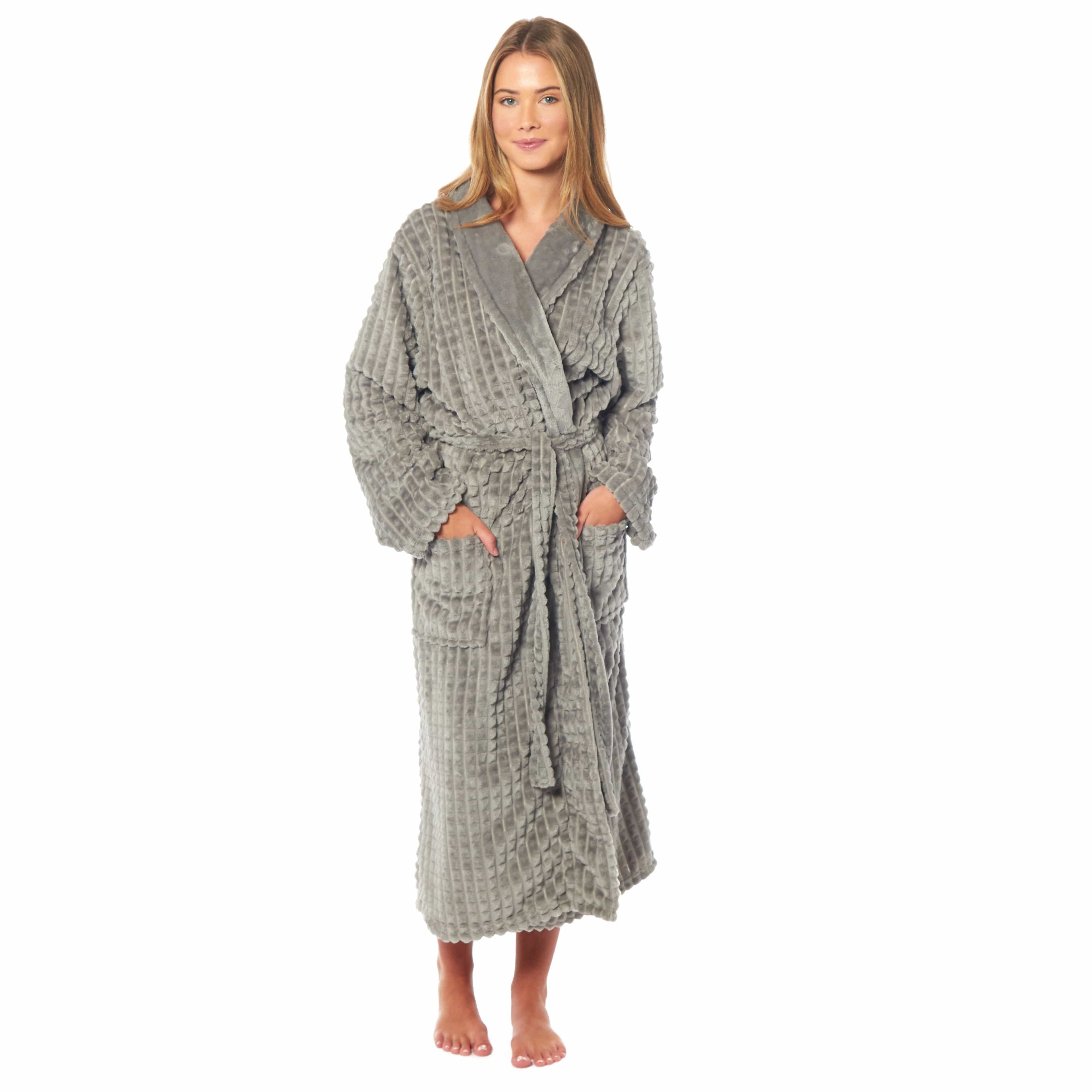 Women's Luxury Waffle  Fleece Robe Soft Warm Long Dressing Gown with Belt and Pockets Loungewear