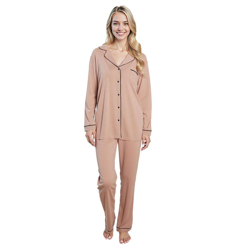 Women's Natural Pyjama Set Soft Touch Long Sleeve Button-Up Top & Bottoms Two-Piece Nightwear