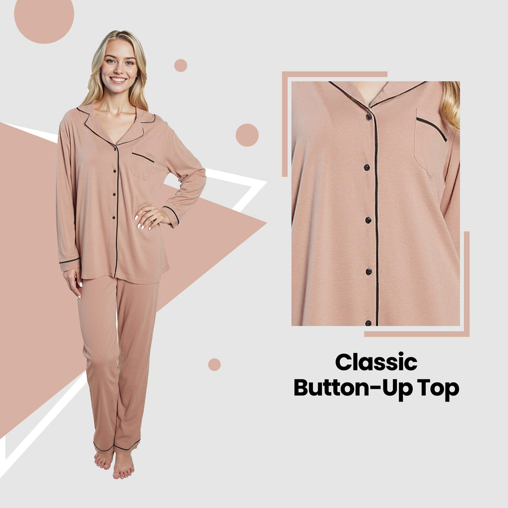Women's Natural Pyjama Set Soft Touch Long Sleeve Button-Up Top & Bottoms Two-Piece Nightwear