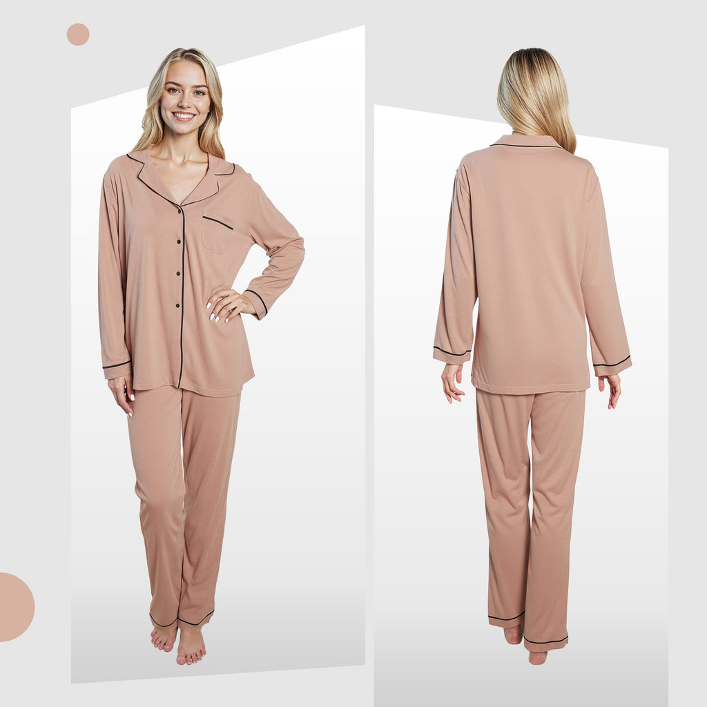 Women's Natural Pyjama Set Soft Touch Long Sleeve Button-Up Top & Bottoms Two-Piece Nightwear