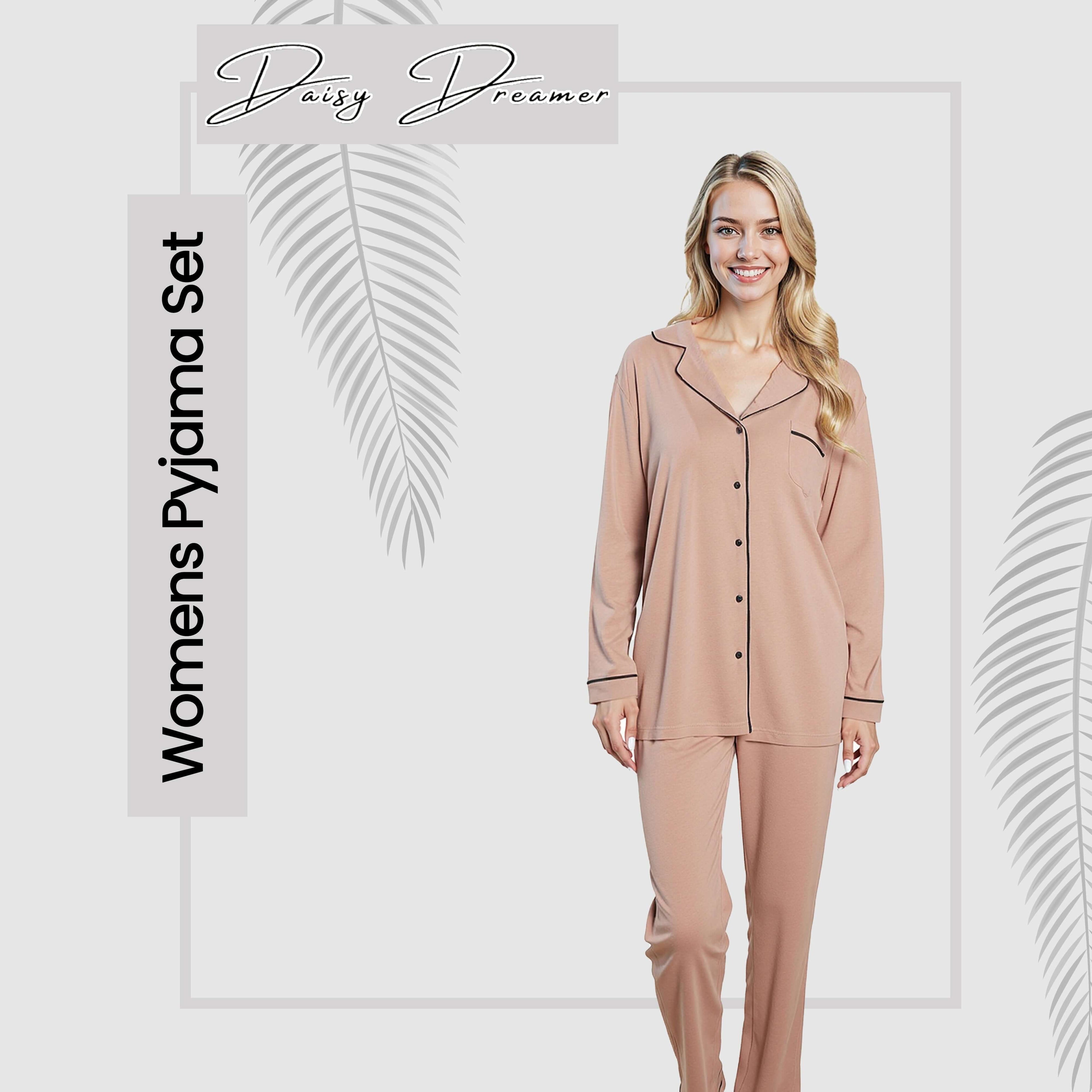 Women's Natural Pyjama Set Soft Touch Long Sleeve Button-Up Top & Bottoms Two-Piece Nightwear