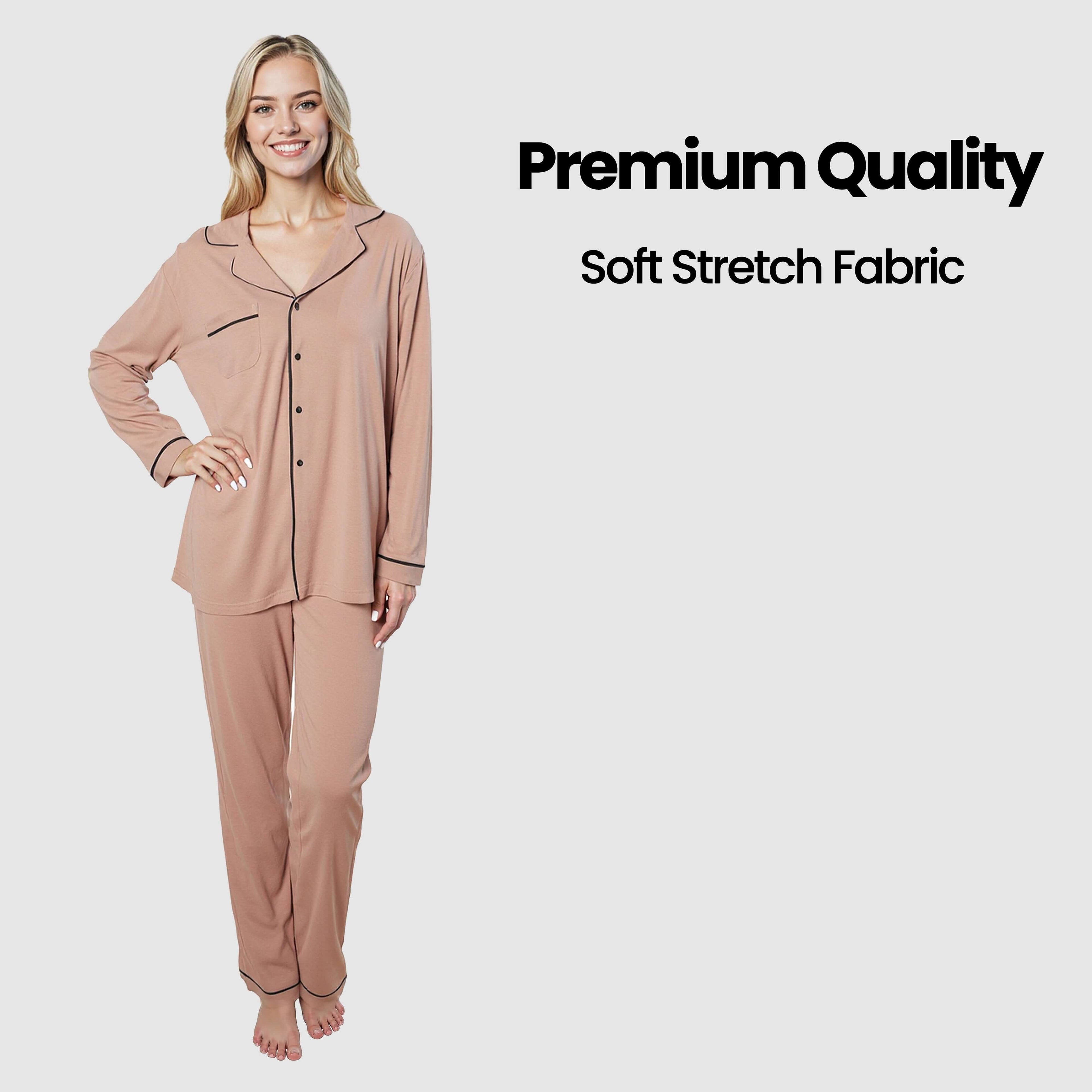 Women's Natural Pyjama Set Soft Touch Long Sleeve Button-Up Top & Bottoms Two-Piece Nightwear