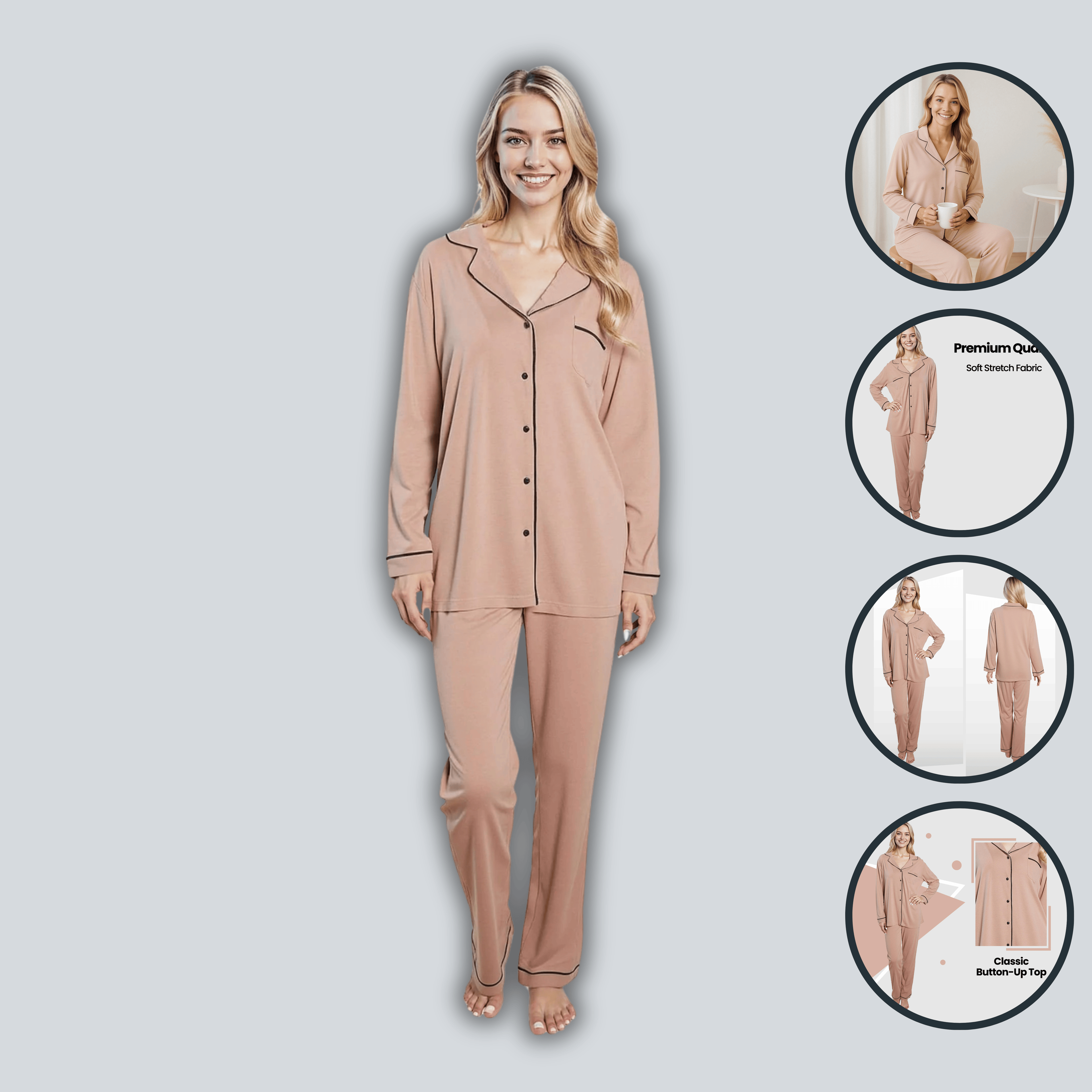 Women's Natural Pyjama Set Soft Touch Long Sleeve Button-Up Top & Bottoms Two-Piece Nightwear