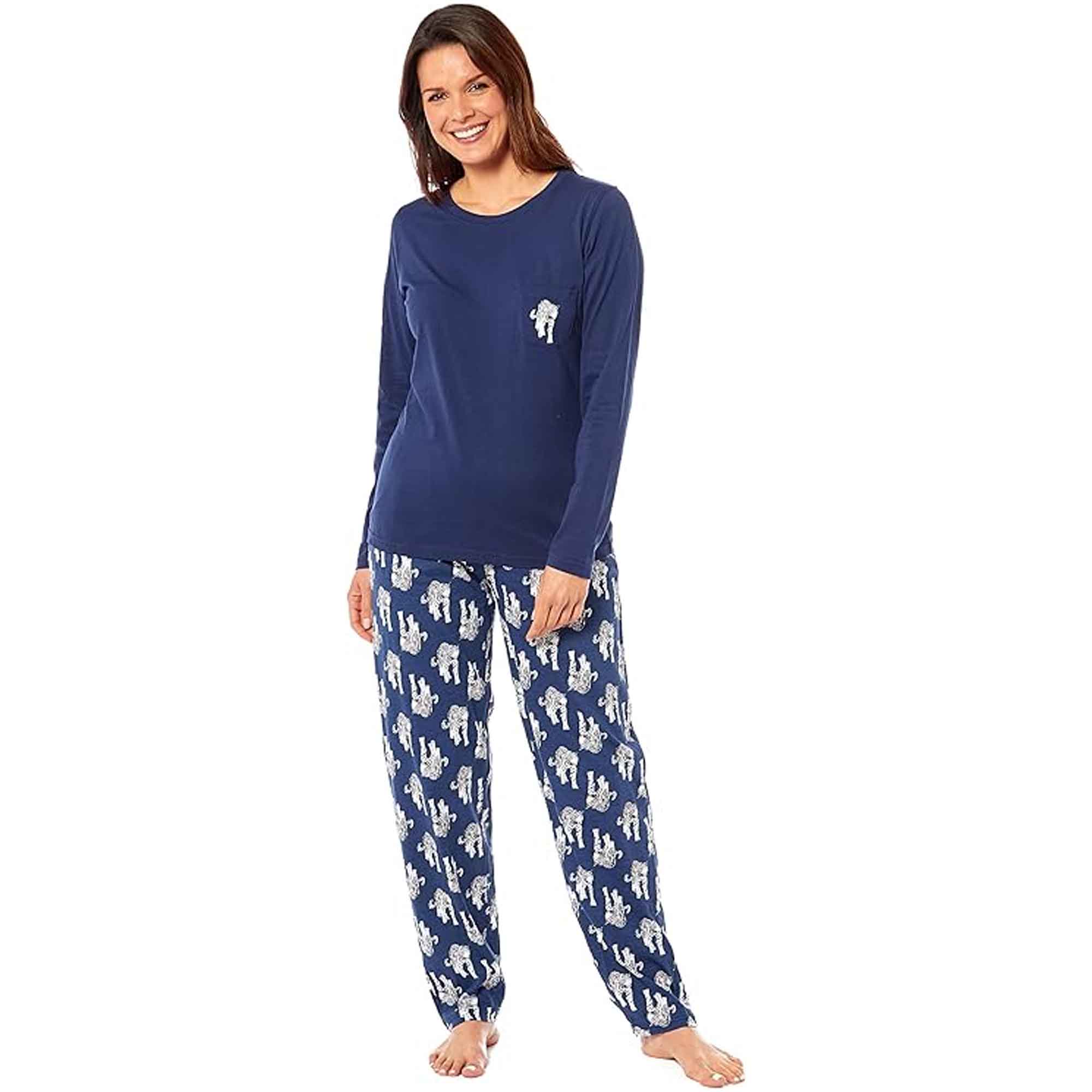 Women's Navy Tiger Print Polar Fleece Pyjama Set Soft Comfortable Loungewear Long Sleeve Top Elasticated Bottoms Stylish Gift Nightwear