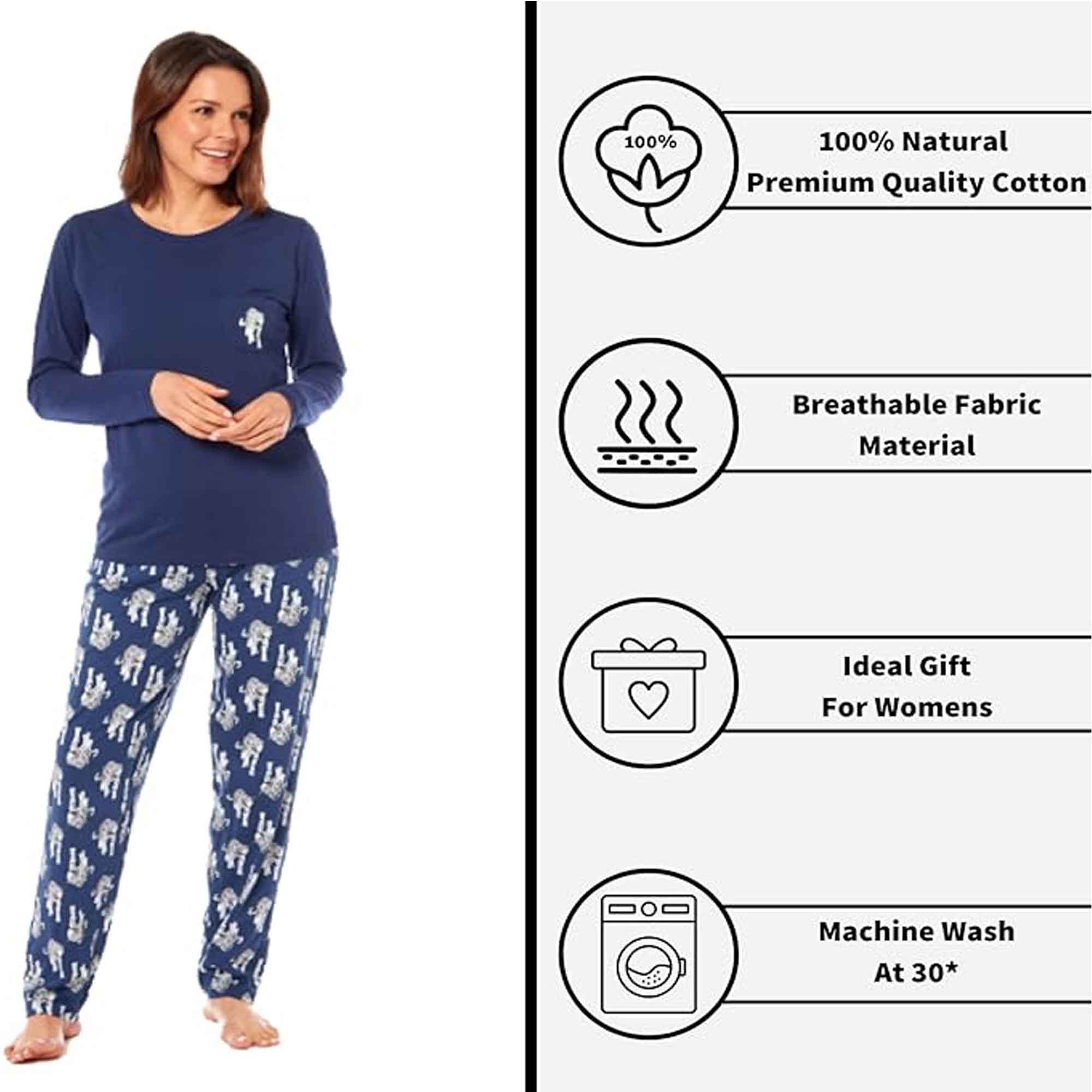 Women's Navy Tiger Print Polar Fleece Pyjama Set Soft Comfortable Loungewear Long Sleeve Top Elasticated Bottoms Stylish Gift Nightwear