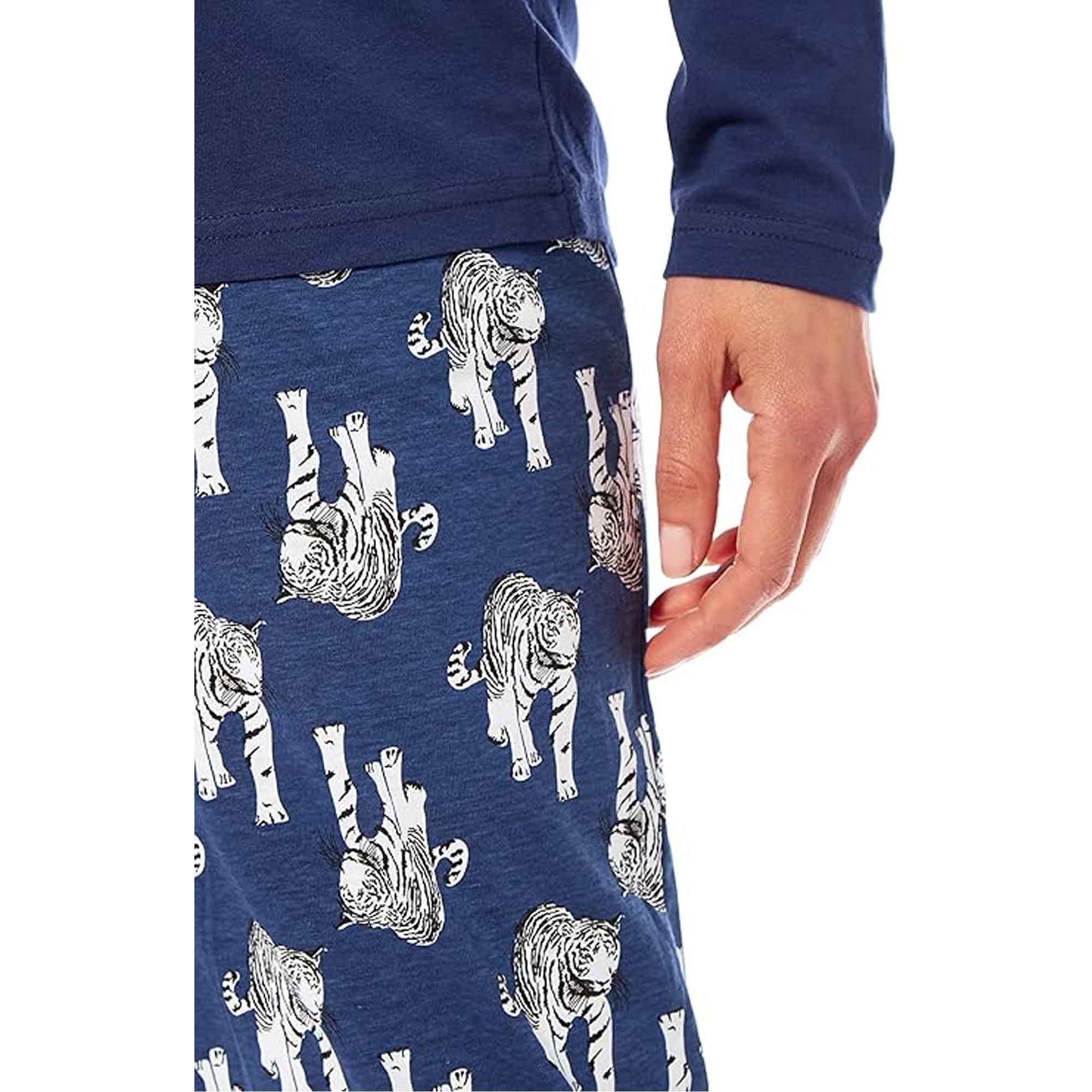 Women's Navy Tiger Print Polar Fleece Pyjama Set Soft Comfortable Loungewear Long Sleeve Top Elasticated Bottoms Stylish Gift Nightwear