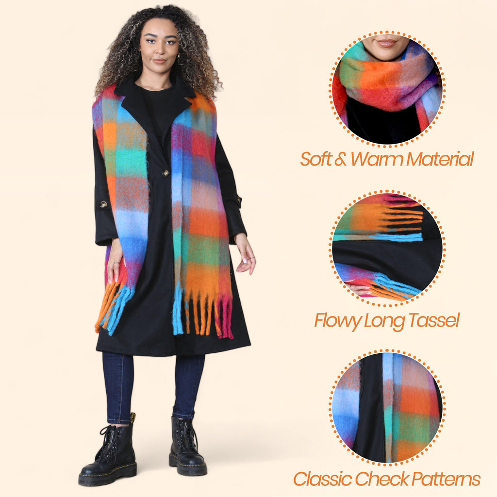Women’s Orange Blue Chunky Knit Bright Plaid Blanket Scarf Long Winter Wrap Warm Check Shawl with Tassels Gift for Ladies