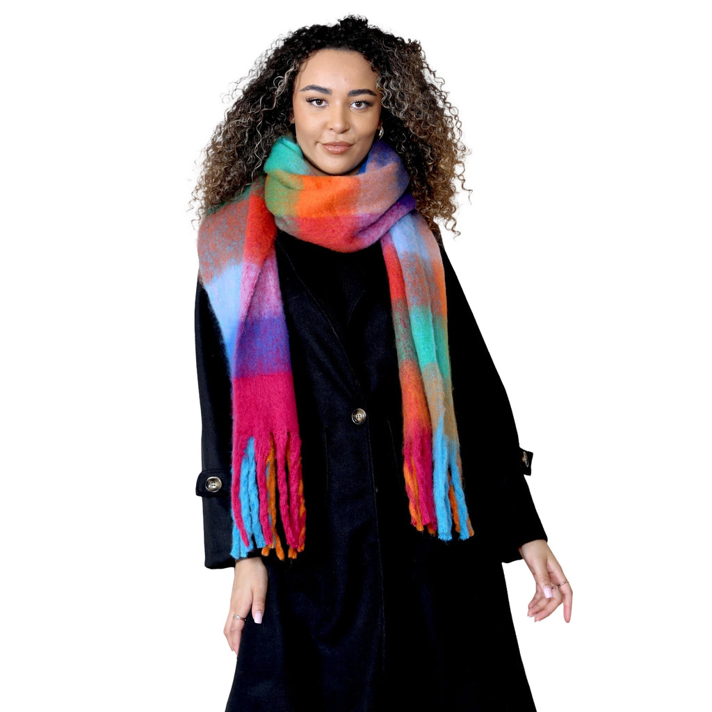 Women’s Orange Blue Chunky Knit Bright Plaid Blanket Scarf Long Winter Wrap Warm Check Shawl with Tassels Gift for Ladies