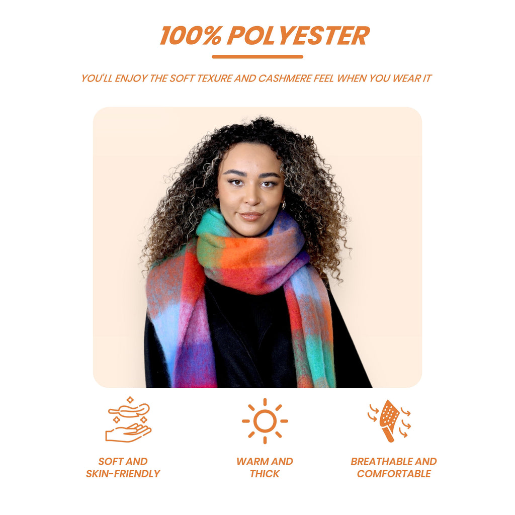 Women’s Orange Blue Chunky Knit Bright Plaid Blanket Scarf Long Winter Wrap Warm Check Shawl with Tassels Gift for Ladies