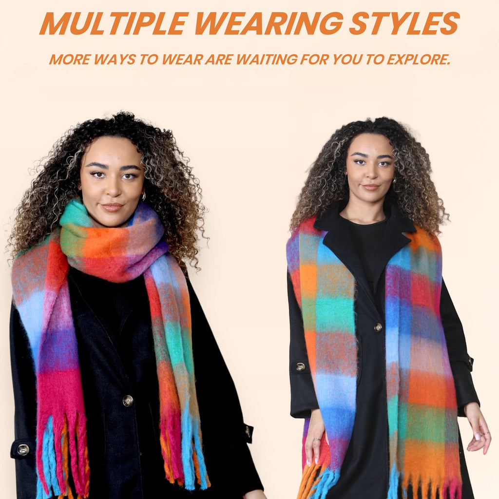 Women’s Orange Blue Chunky Knit Bright Plaid Blanket Scarf Long Winter Wrap Warm Check Shawl with Tassels Gift for Ladies