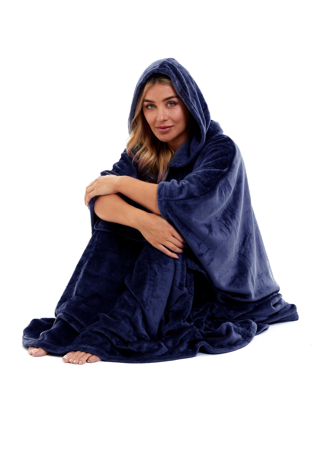 Women's Oversized Hooded Poncho Blanket Ultra-Soft Plush Fleece Giant Hoodie Sweatshirt Navy and Charcoal Lounge Wear with Double Front Pocket for Indoor and Outdoor Use