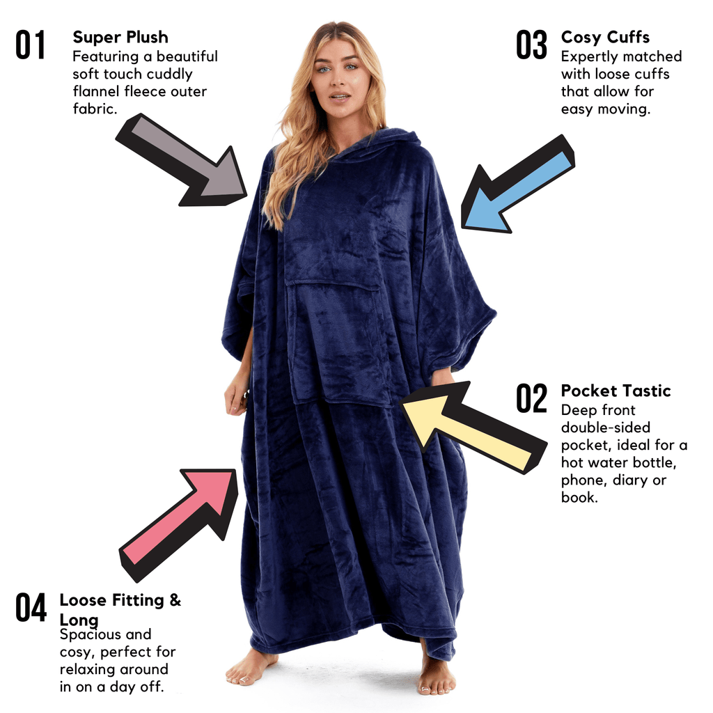 Women's Oversized Hooded Poncho Blanket Ultra-Soft Plush Fleece Giant Hoodie Sweatshirt Navy and Charcoal Lounge Wear with Double Front Pocket for Indoor and Outdoor Use