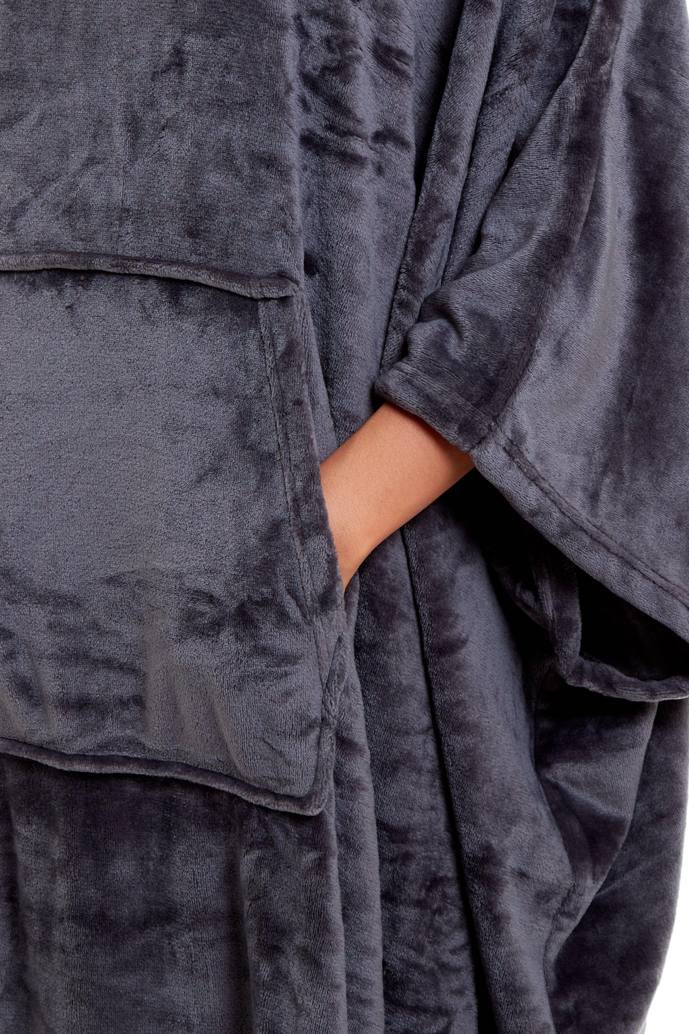 Women's Oversized Hooded Poncho Blanket Ultra-Soft Plush Fleece Giant Hoodie Sweatshirt Navy and Charcoal Lounge Wear with Double Front Pocket for Indoor and Outdoor Use