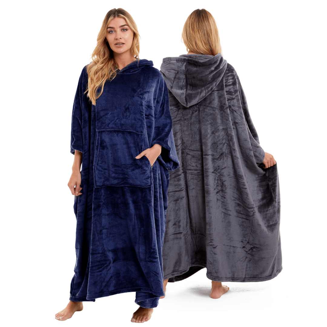 Women's Oversized Hooded Poncho Blanket Ultra-Soft Plush Fleece Giant Hoodie Sweatshirt Navy and Charcoal Lounge Wear with Double Front Pocket for Indoor and Outdoor Use
