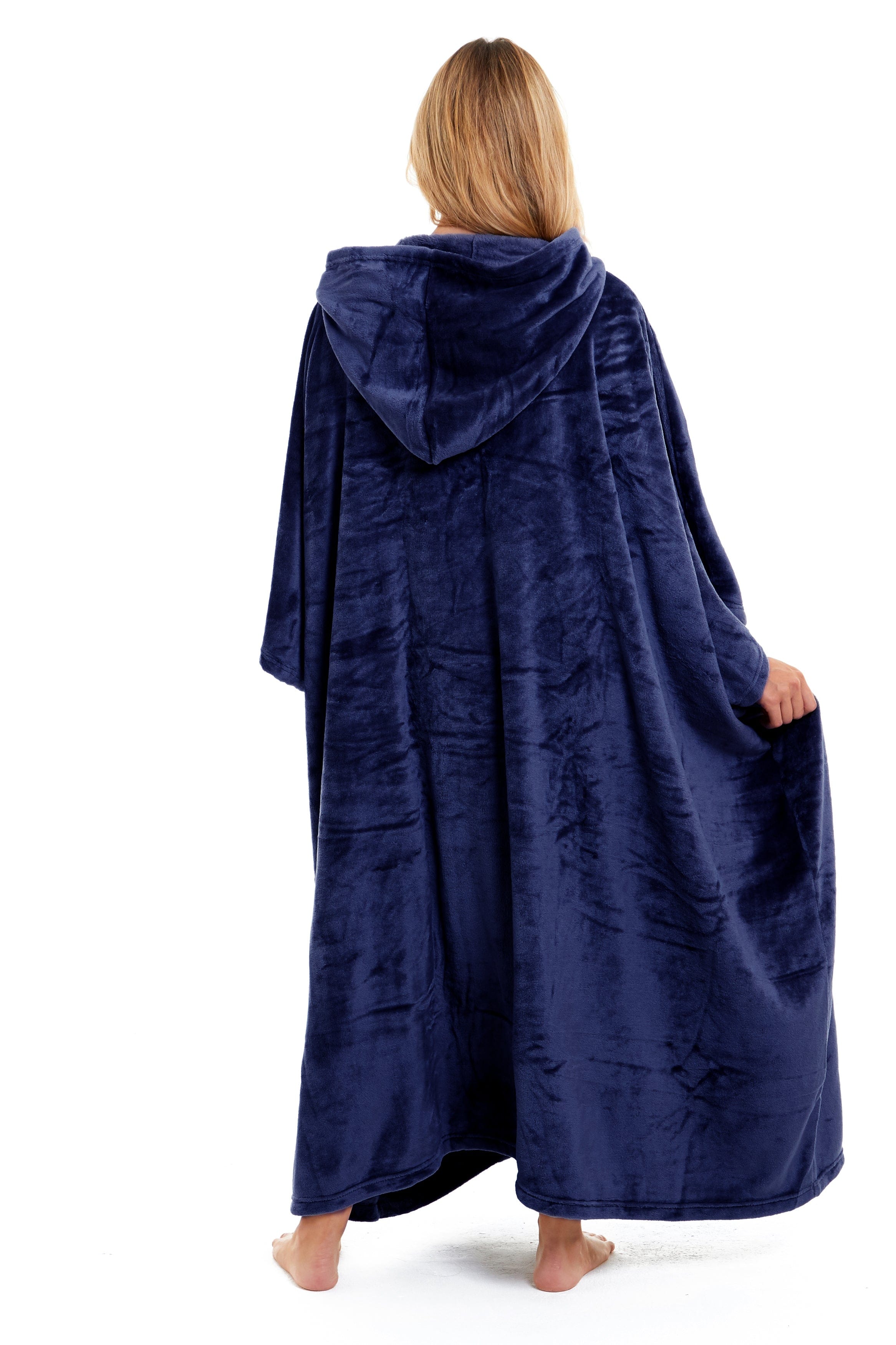 Women's Oversized Hooded Poncho Blanket Ultra-Soft Plush Fleece Giant Hoodie Sweatshirt Navy and Charcoal Lounge Wear with Double Front Pocket for Indoor and Outdoor Use