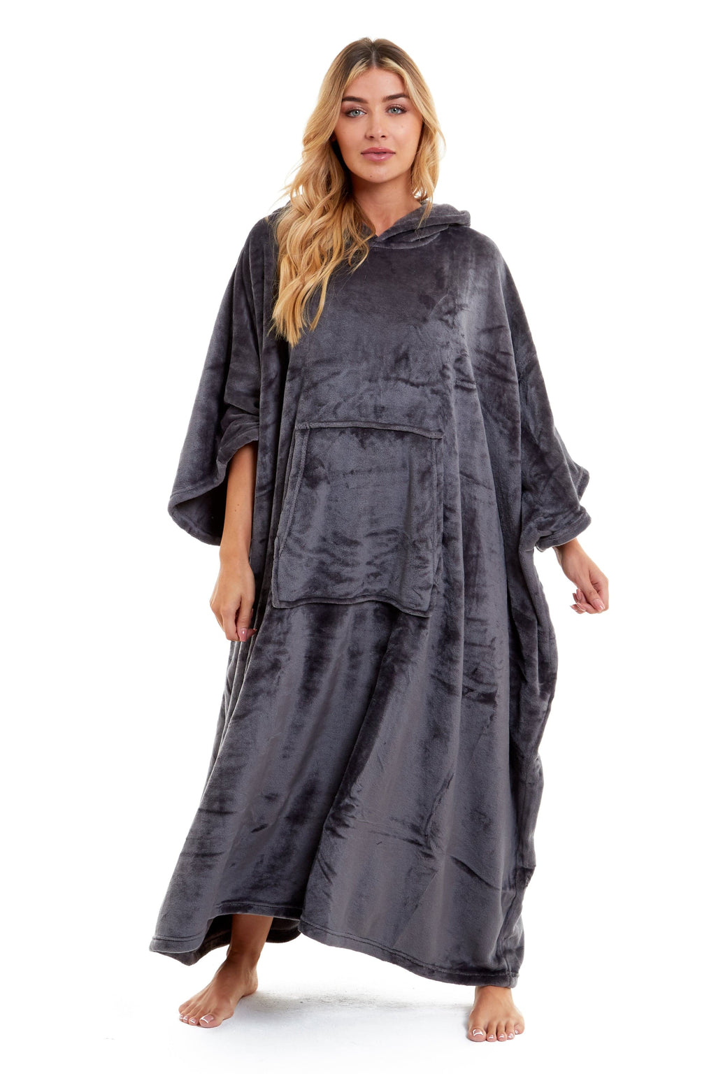 Women's Oversized Hooded Poncho Blanket Ultra-Soft Plush Fleece Giant Hoodie Sweatshirt Navy and Charcoal Lounge Wear with Double Front Pocket for Indoor and Outdoor Use