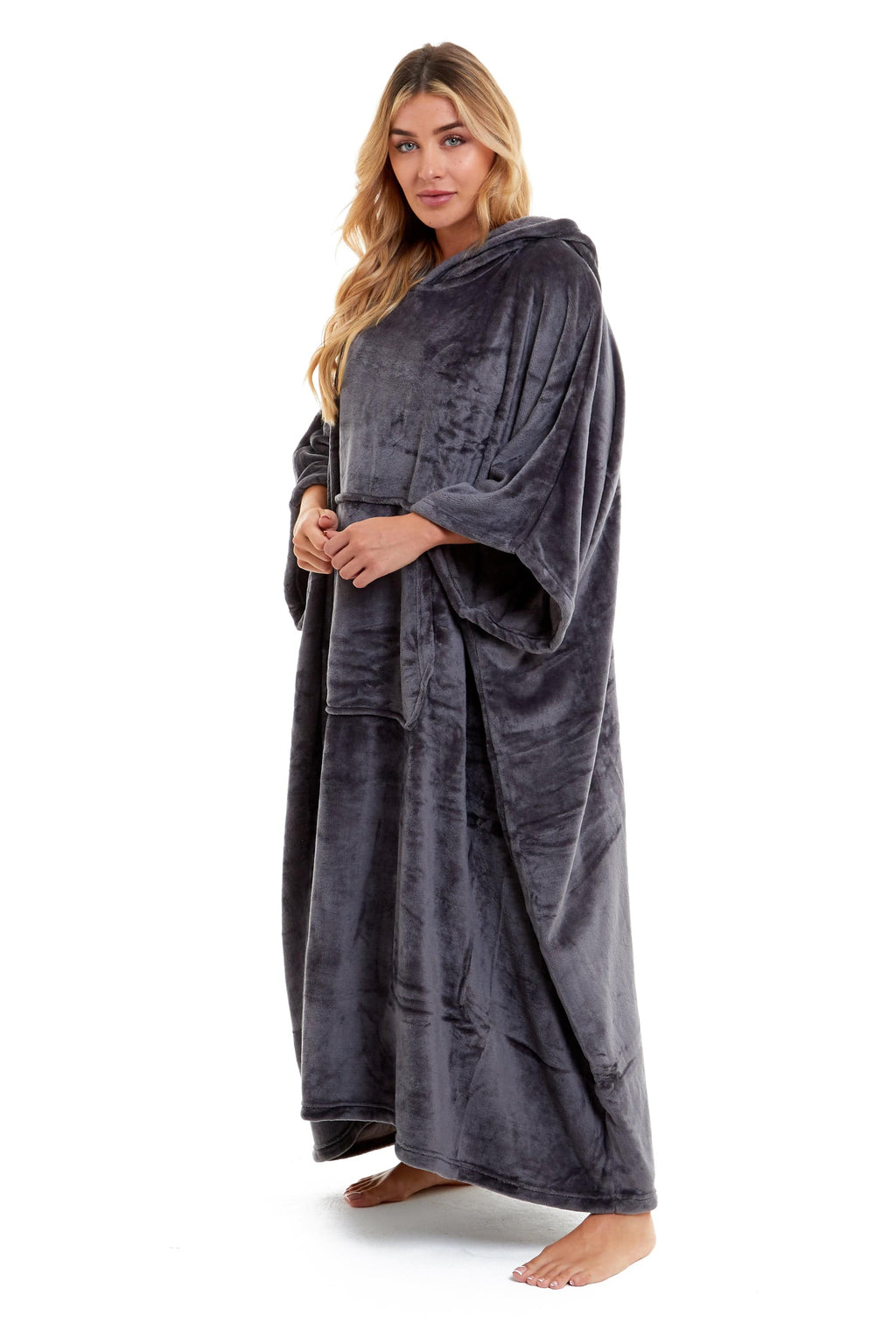 Women's Oversized Hooded Poncho Blanket Ultra-Soft Plush Fleece Giant Hoodie Sweatshirt Navy and Charcoal Lounge Wear with Double Front Pocket for Indoor and Outdoor Use