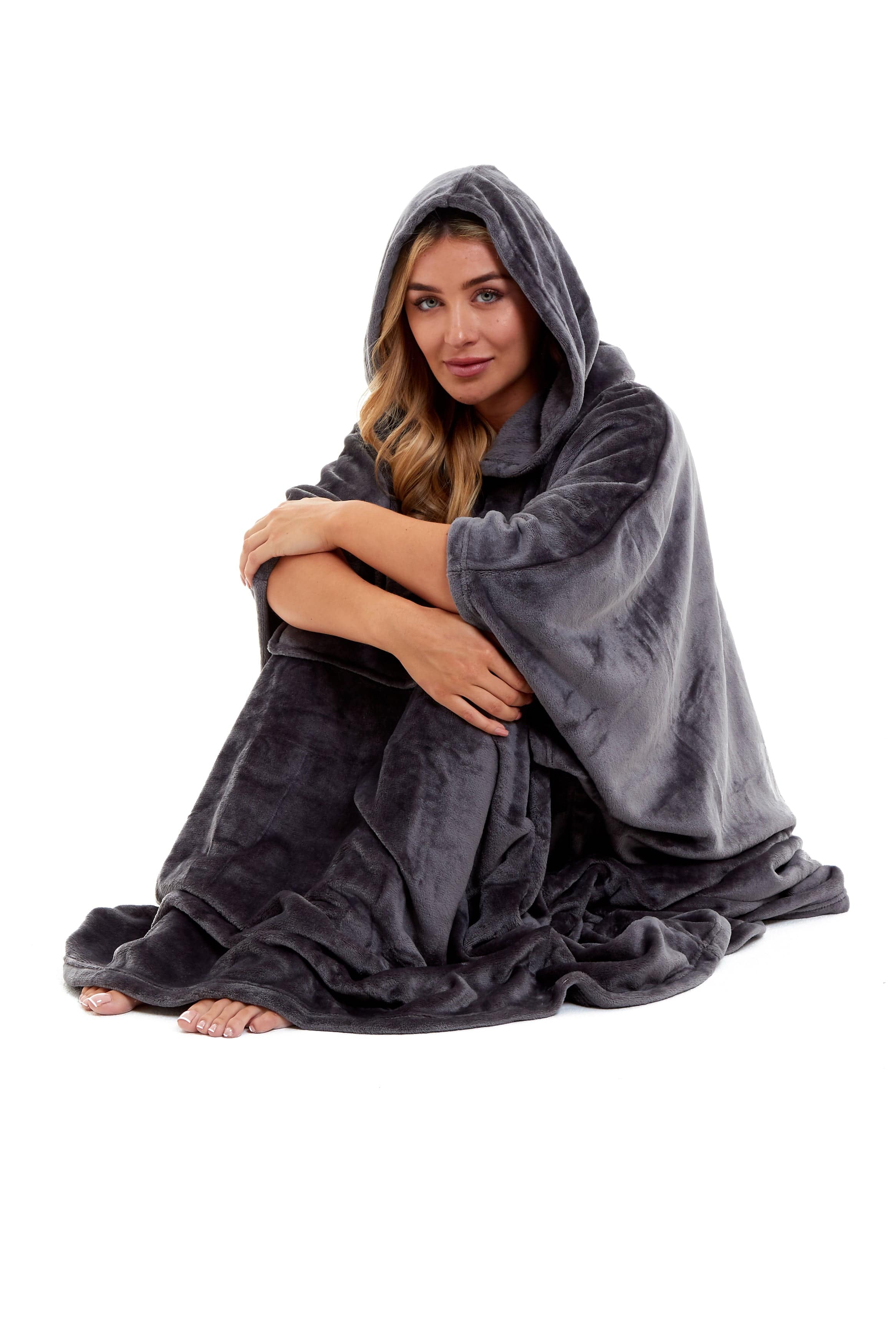 Women's Oversized Hooded Poncho Blanket Ultra-Soft Plush Fleece Giant Hoodie Sweatshirt Navy and Charcoal Lounge Wear with Double Front Pocket for Indoor and Outdoor Use