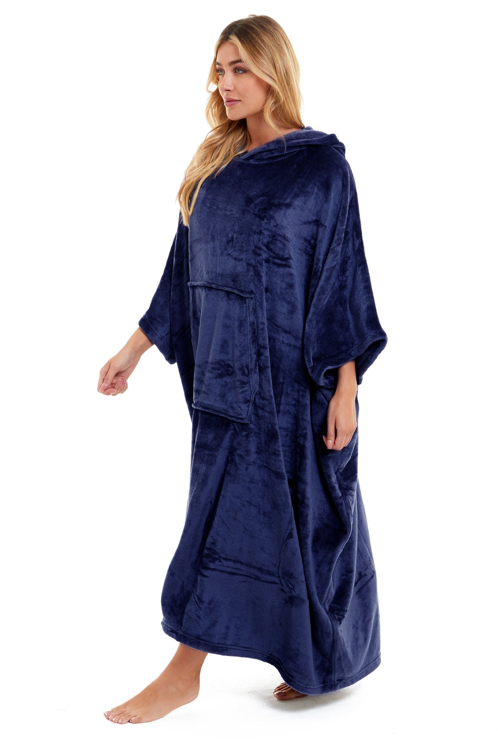 Women's Oversized Hooded Poncho Blanket Ultra-Soft Plush Fleece Giant Hoodie Sweatshirt Navy and Charcoal Lounge Wear with Double Front Pocket for Indoor and Outdoor Use