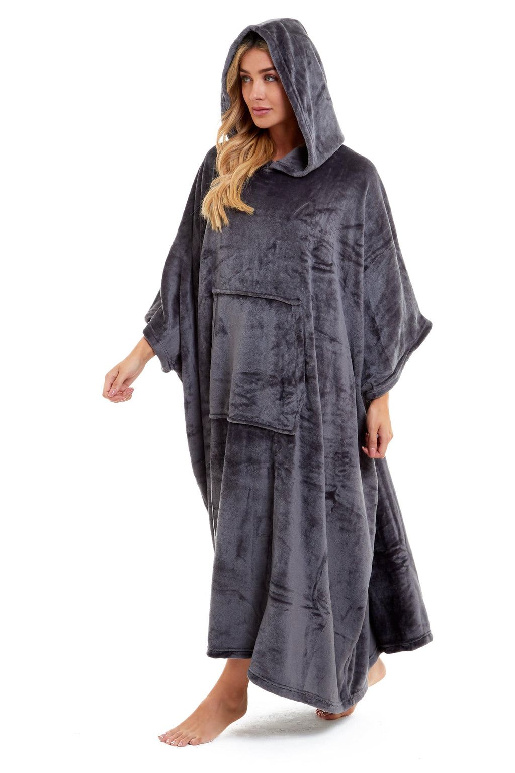 Women's Oversized Hooded Poncho Blanket Ultra-Soft Plush Fleece Giant Hoodie Sweatshirt Navy and Charcoal Lounge Wear with Double Front Pocket for Indoor and Outdoor Use