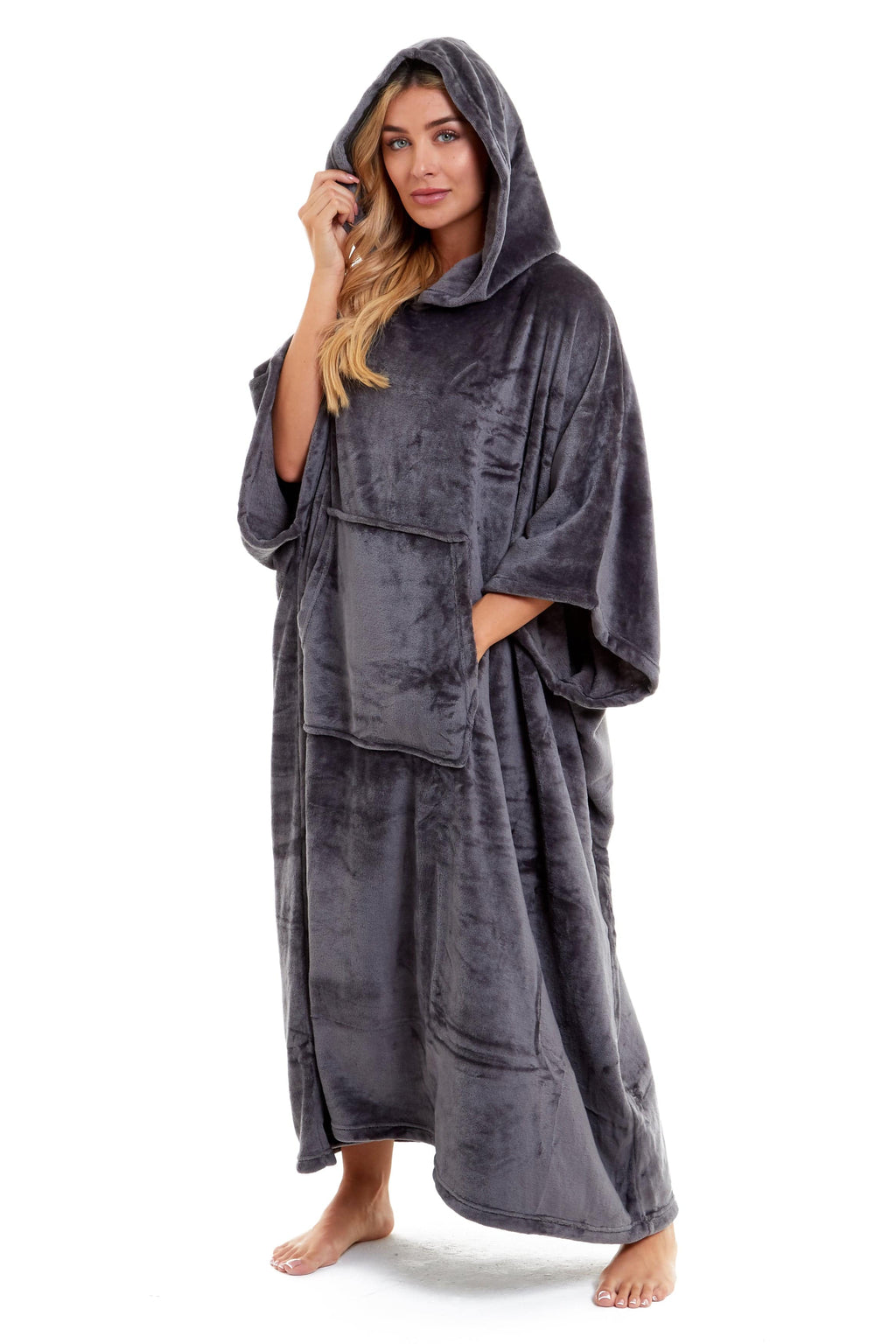 Women's Oversized Hooded Poncho Blanket Ultra-Soft Plush Fleece Giant Hoodie Sweatshirt Navy and Charcoal Lounge Wear with Double Front Pocket for Indoor and Outdoor Use