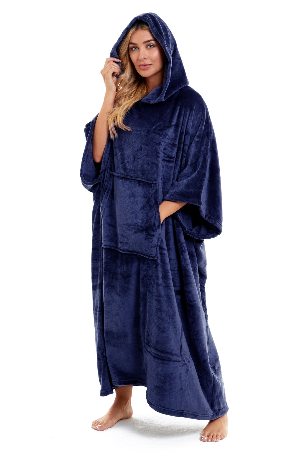 Women's Oversized Hooded Poncho Blanket Ultra-Soft Plush Fleece Giant Hoodie Sweatshirt Navy and Charcoal Lounge Wear with Double Front Pocket for Indoor and Outdoor Use