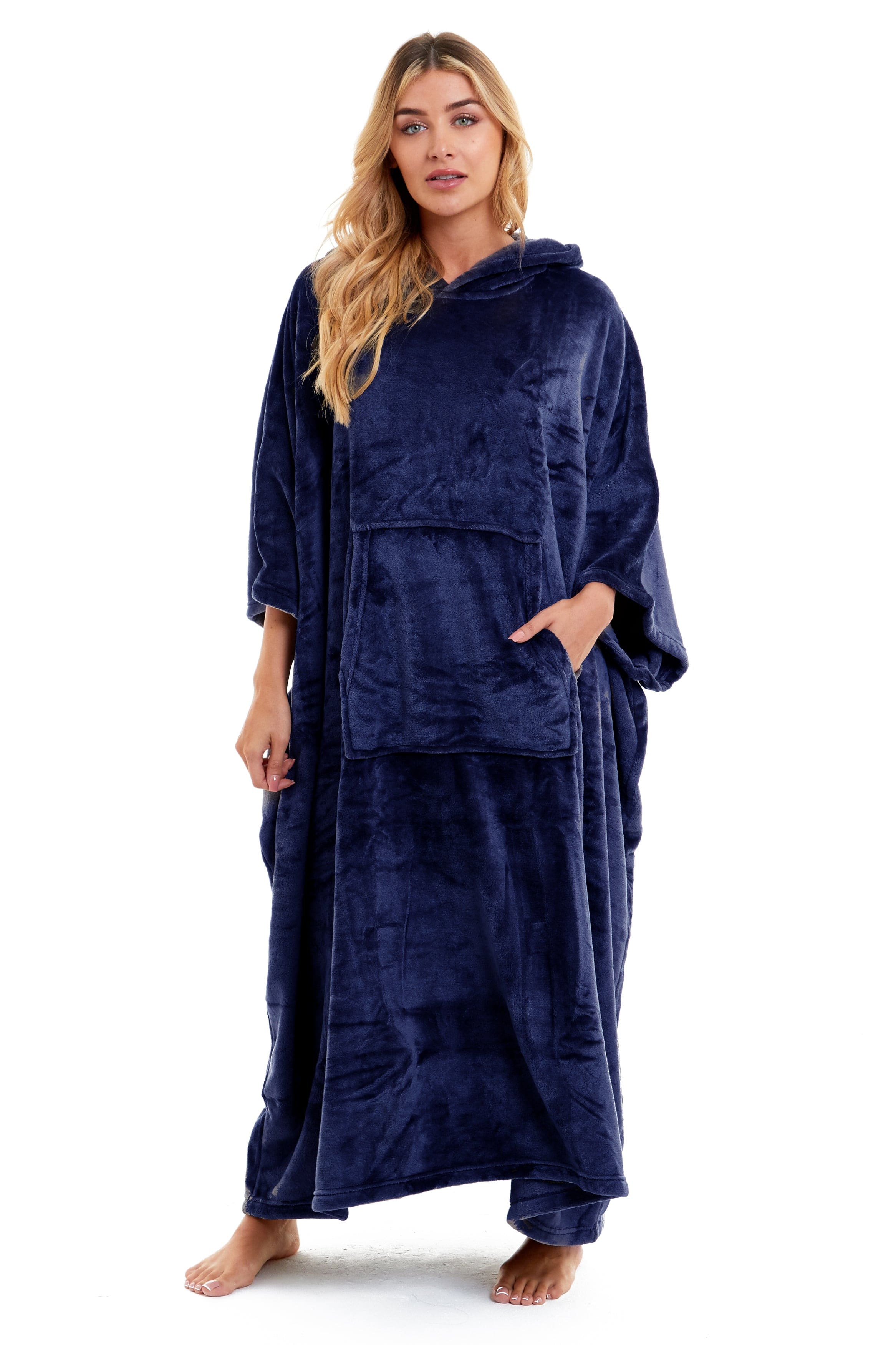 Women's Oversized Hooded Poncho Blanket Ultra-Soft Plush Fleece Giant Hoodie Sweatshirt Navy and Charcoal Lounge Wear with Double Front Pocket for Indoor and Outdoor Use