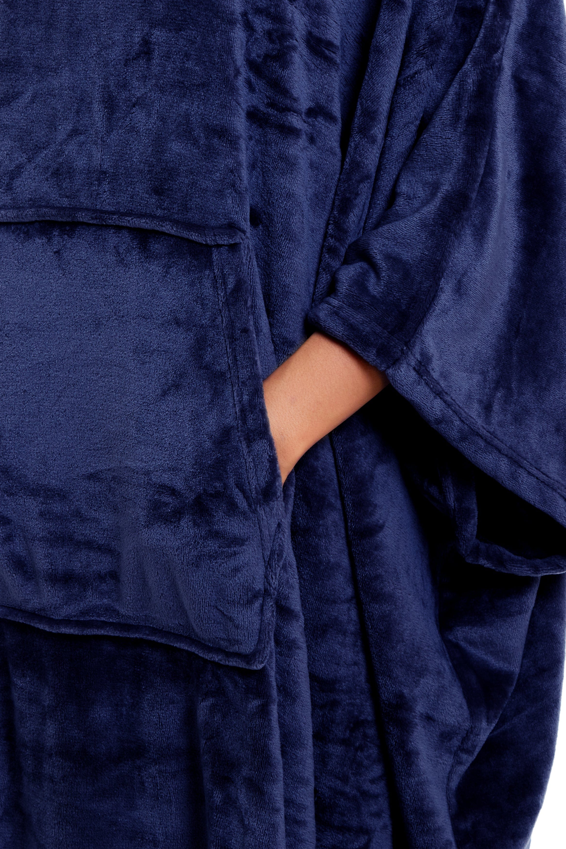 Women's Oversized Hooded Poncho Blanket Ultra-Soft Plush Fleece Giant Hoodie Sweatshirt Navy and Charcoal Lounge Wear with Double Front Pocket for Indoor and Outdoor Use
