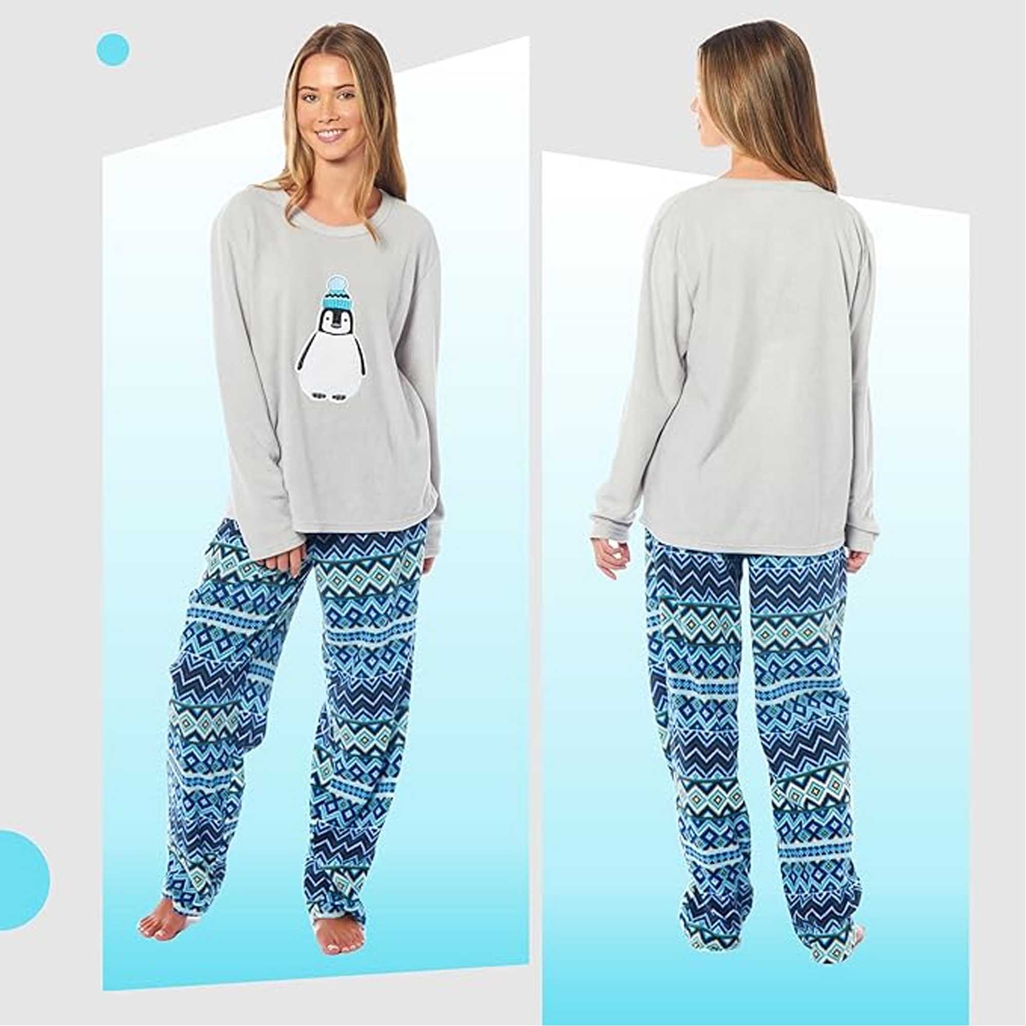 Women's Penguin Thermal Fleece Pyjamas Set Soft Warm Winter PJs Animal Print Loungewear Sleepwear Long Sleeve Top and Bottom