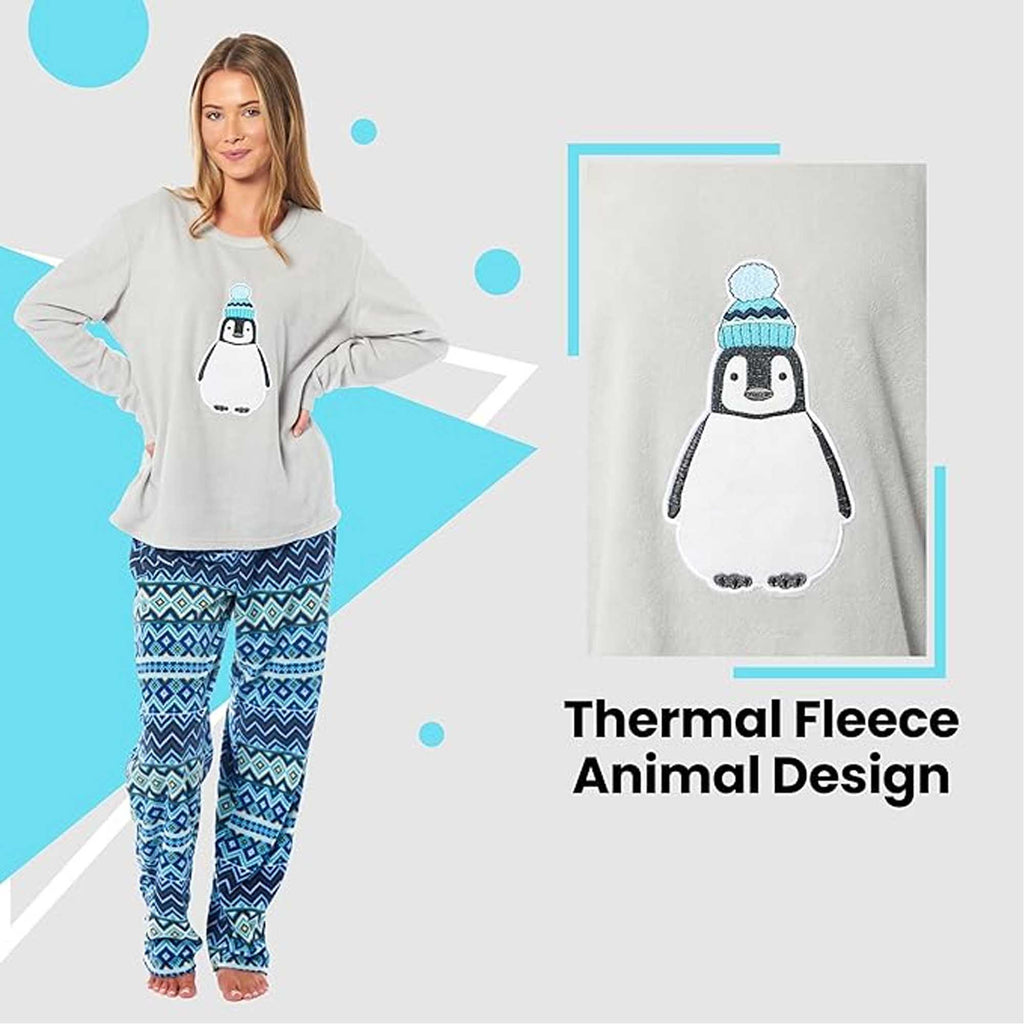Women's Penguin Thermal Fleece Pyjamas Set Soft Warm Winter PJs Animal Print Loungewear Sleepwear Long Sleeve Top and Bottom