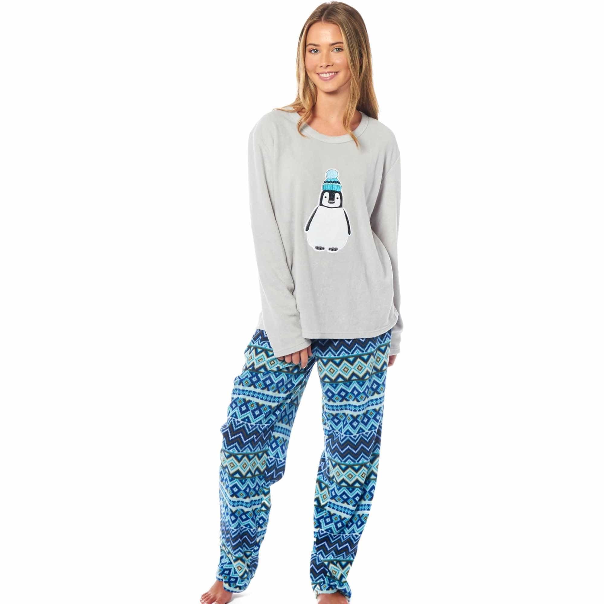Women's Penguin Thermal Fleece Pyjamas Set Soft Warm Winter PJs Animal Print Loungewear Sleepwear Long Sleeve Top and Bottom
