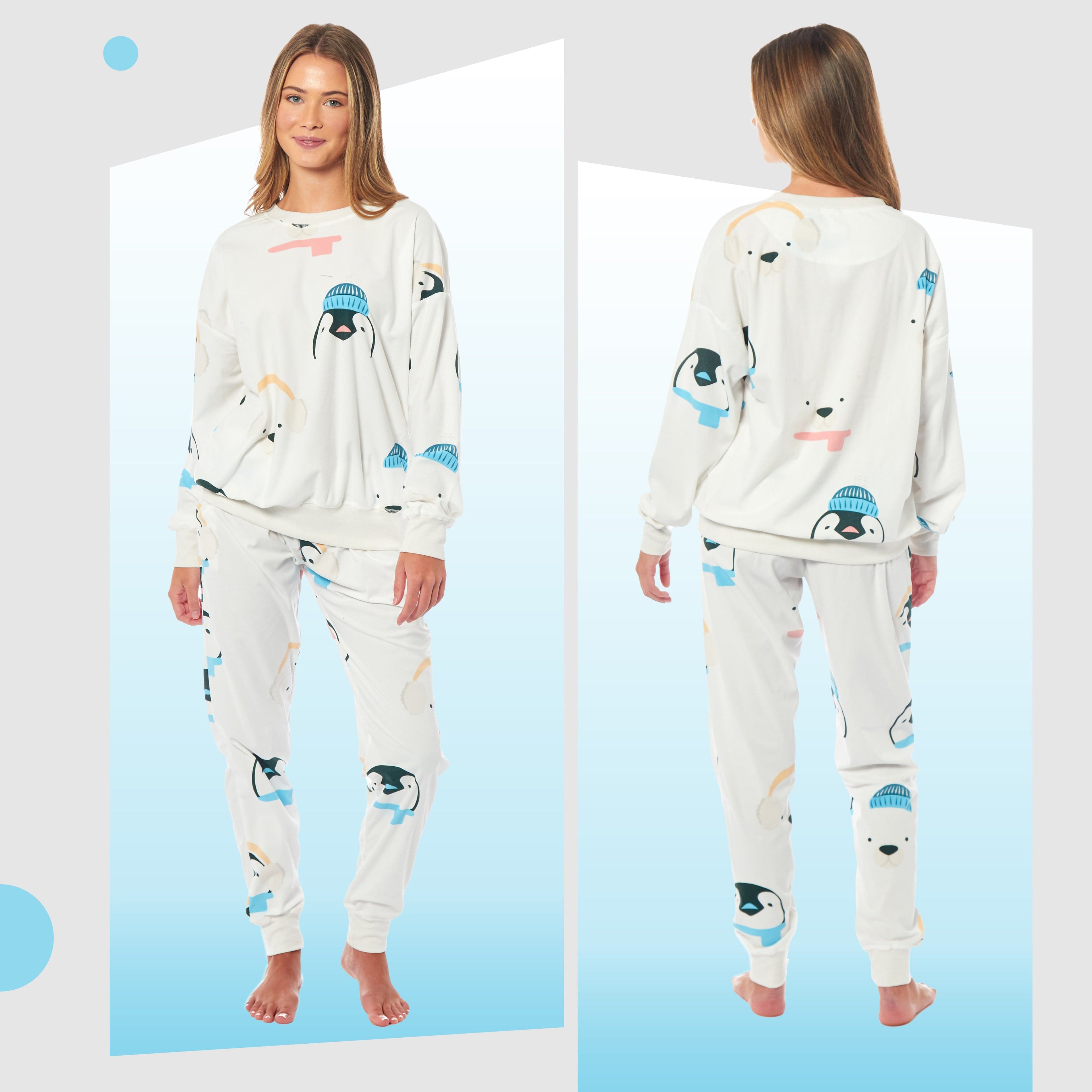 Women's Penguins & Polar Bears Soft Fleece Pyjama Set Long Sleeve Animal Print Warm PJs Loungewear Sleepwear for Ladies