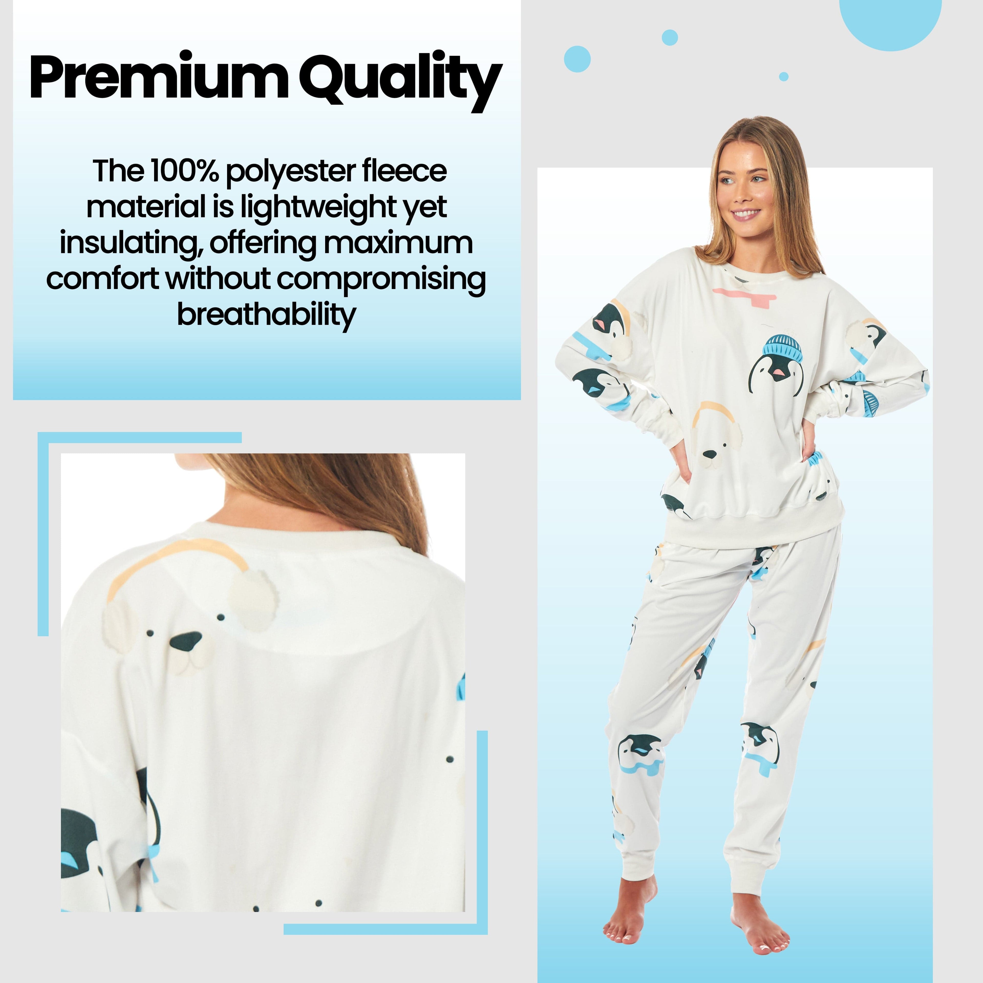 Women's Penguins & Polar Bears Soft Fleece Pyjama Set Long Sleeve Animal Print Warm PJs Loungewear Sleepwear for Ladies