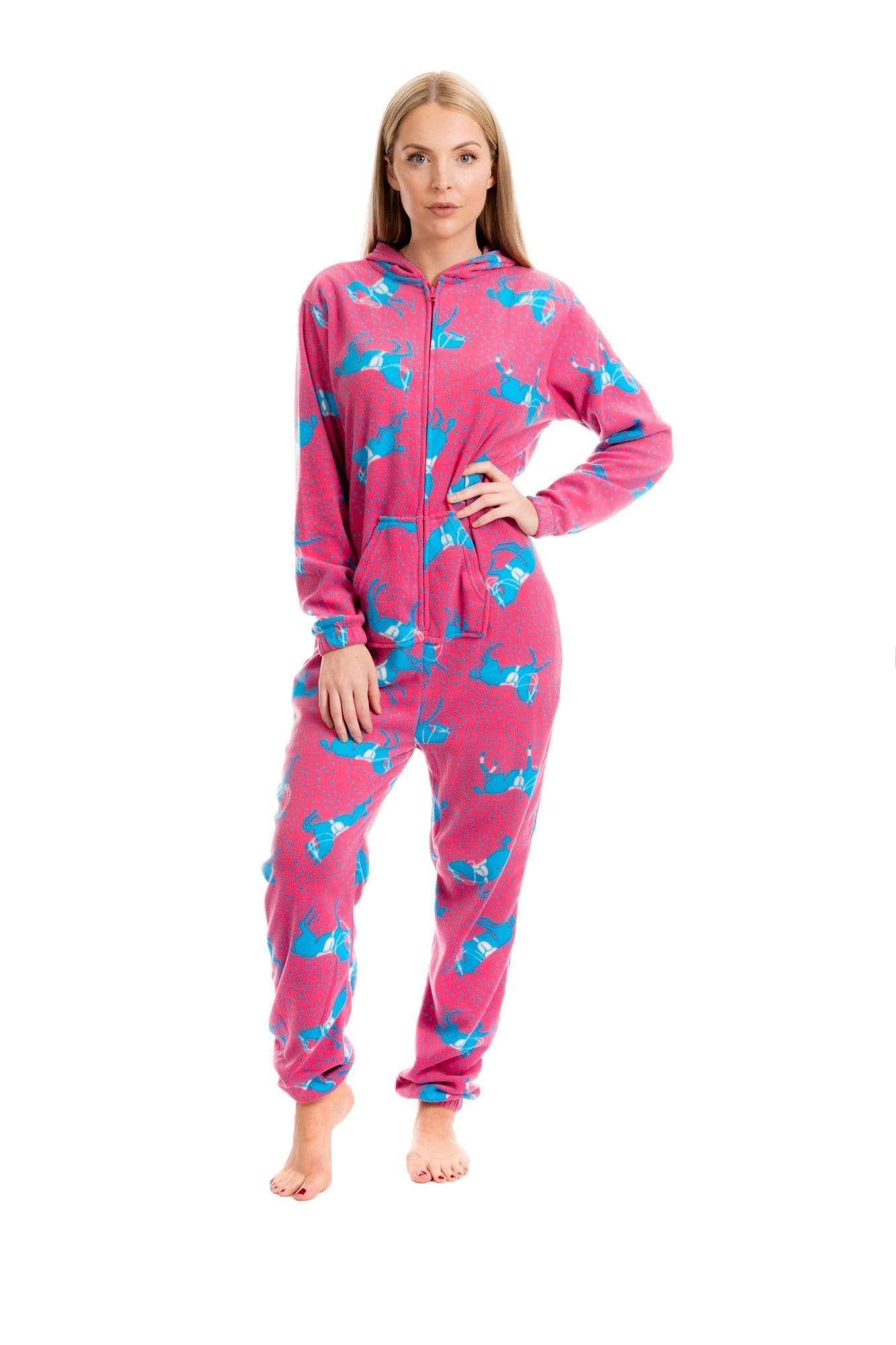 Women's Pink Fleece Hooded Onezee Pyjama Set with Horse Print Cosy and Stylish Nightwear for Lounging or Sleeping