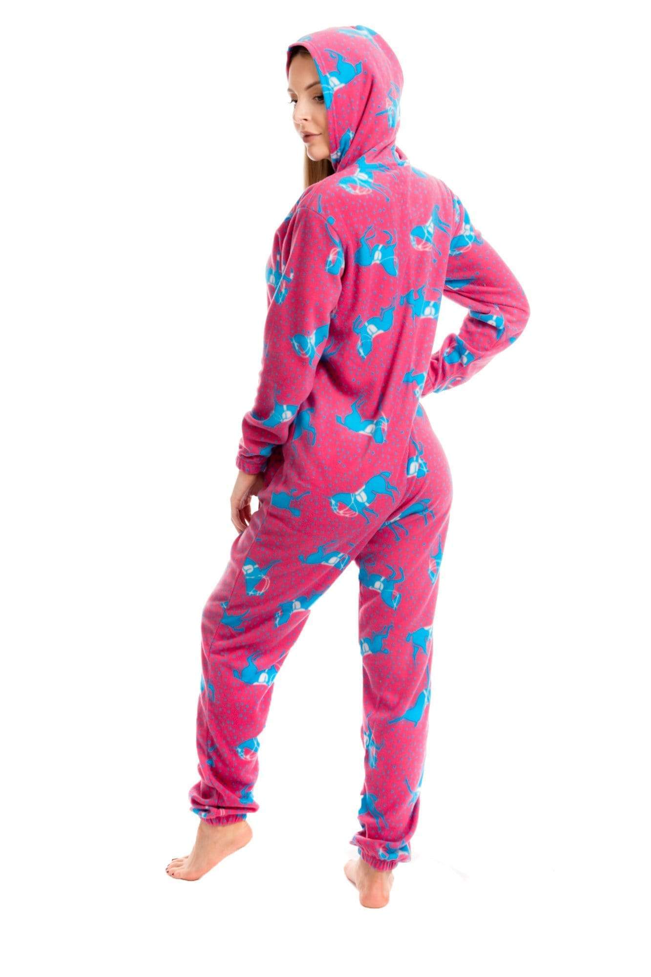 Women's Pink Fleece Hooded Onezee Pyjama Set with Horse Print Cosy and Stylish Nightwear for Lounging or Sleeping