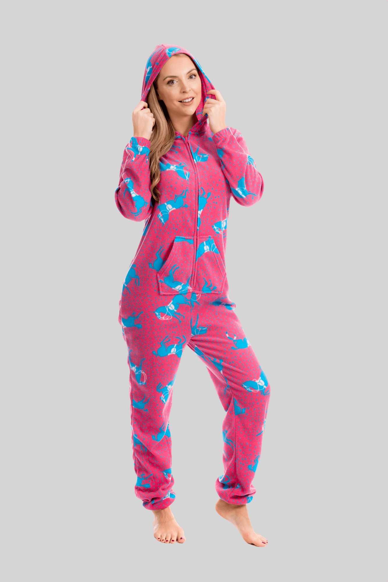 Women's Pink Fleece Hooded Onezee Pyjama Set with Horse Print Cosy and Stylish Nightwear for Lounging or Sleeping