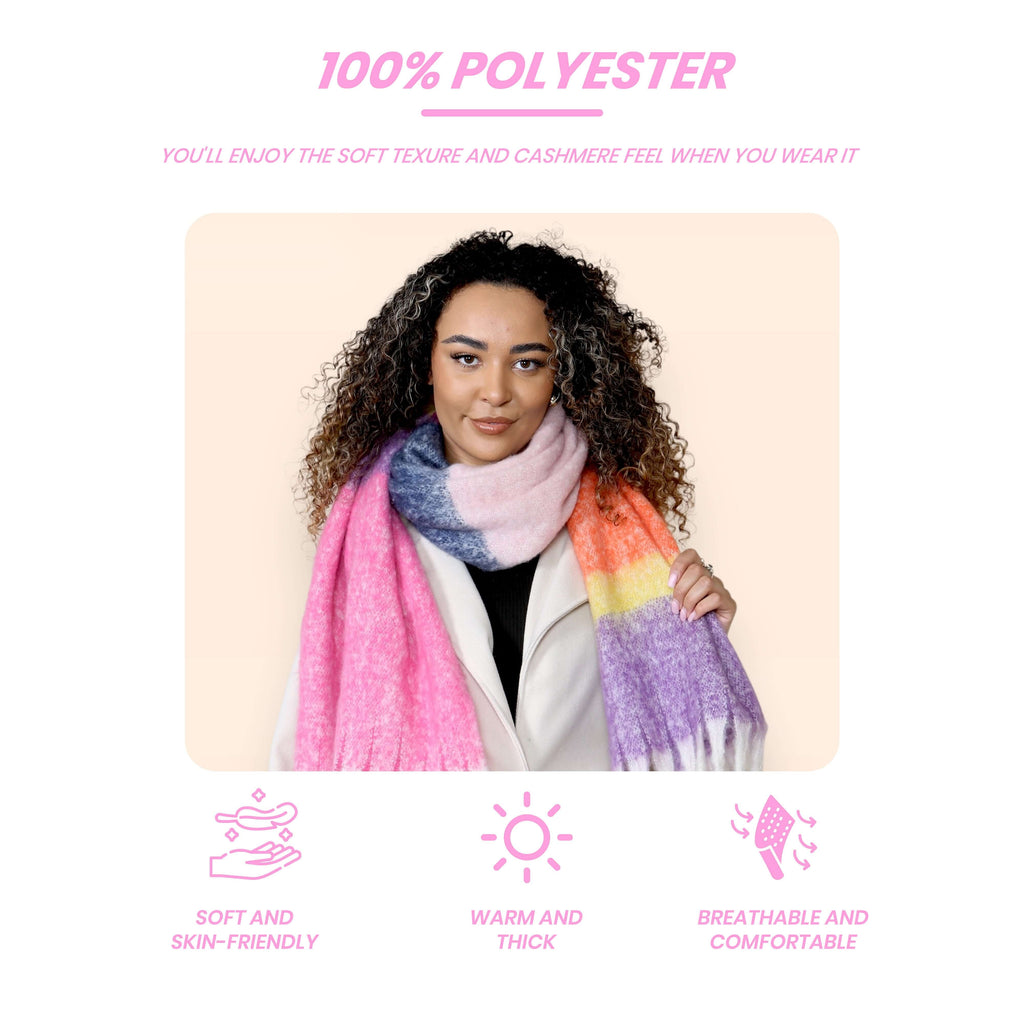 Women’s Pink Purple Chunky Knit Bright Plaid Blanket Scarf Long Winter Wrap Warm Striped Shawl with Tassels Gift for Ladies