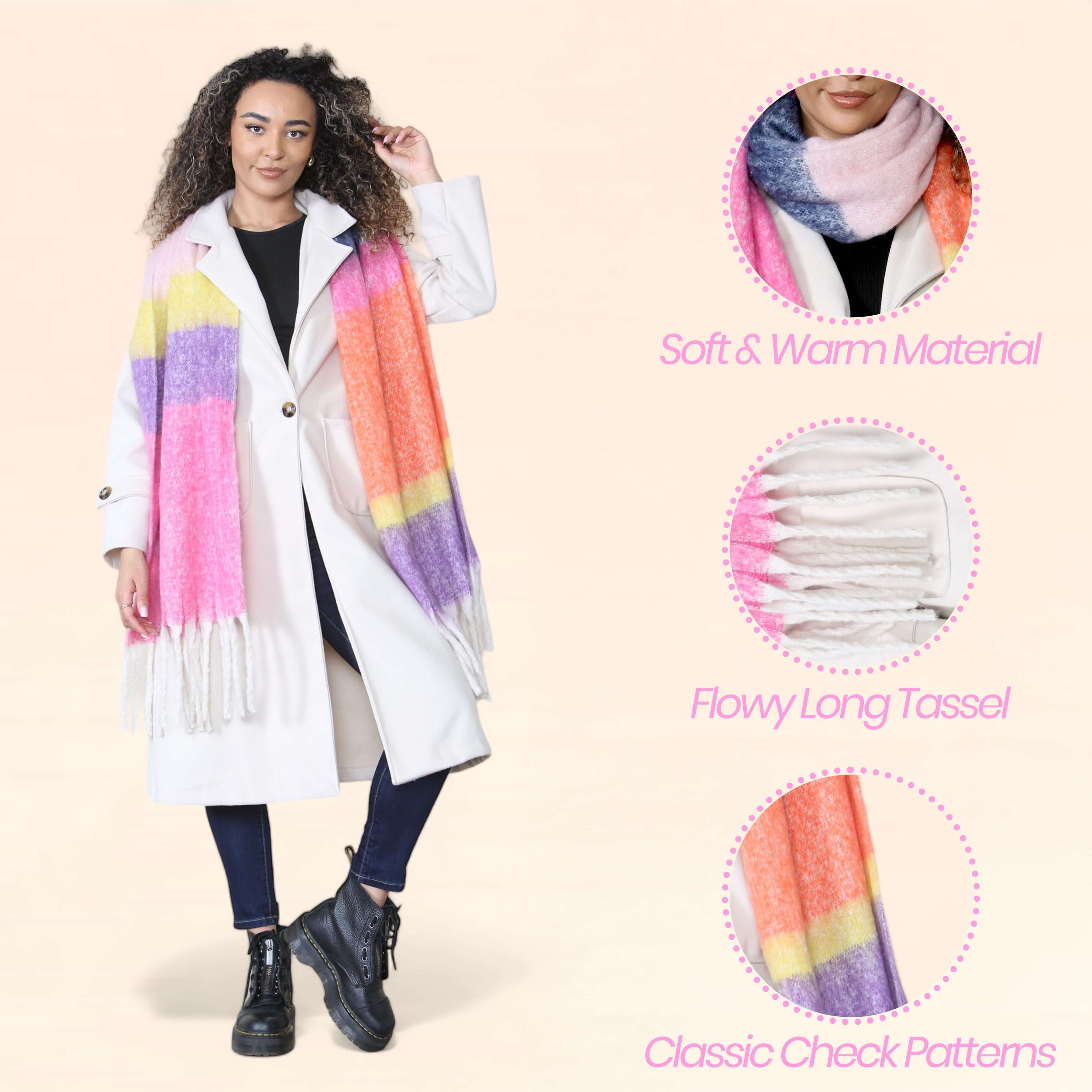 Women’s Pink Purple Chunky Knit Bright Plaid Blanket Scarf Long Winter Wrap Warm Striped Shawl with Tassels Gift for Ladies